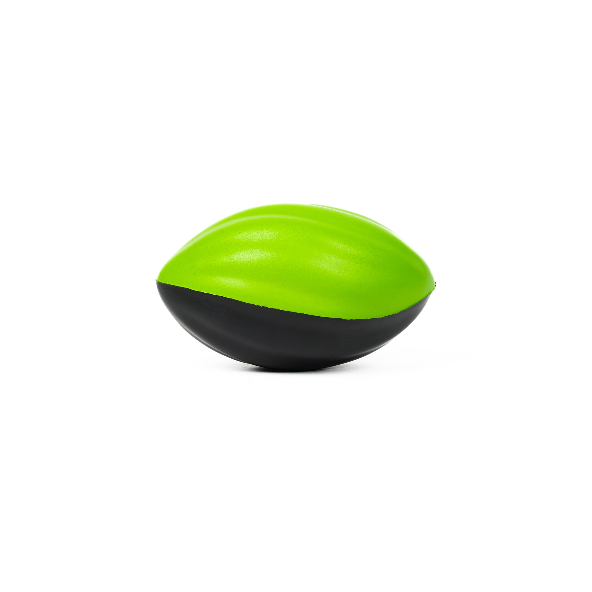 The Get Outside GO! 5'' Foam Football is a small, oval foam ball with a bright green top, matte black bottom, and subtle spiral design, shown against a plain white background. Brand: Get Outside GO!.