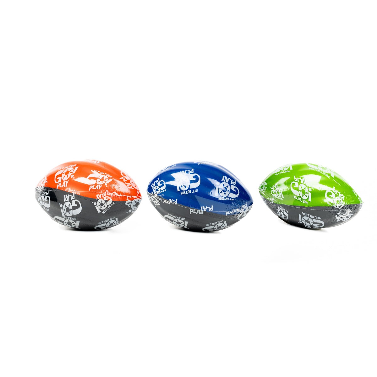 Three GO! Play 5" Foam Football dog toys, in orange, blue, and green with black and white paw print and bone designs, are shown in a row on a white background—perfect for backyard or beach games.