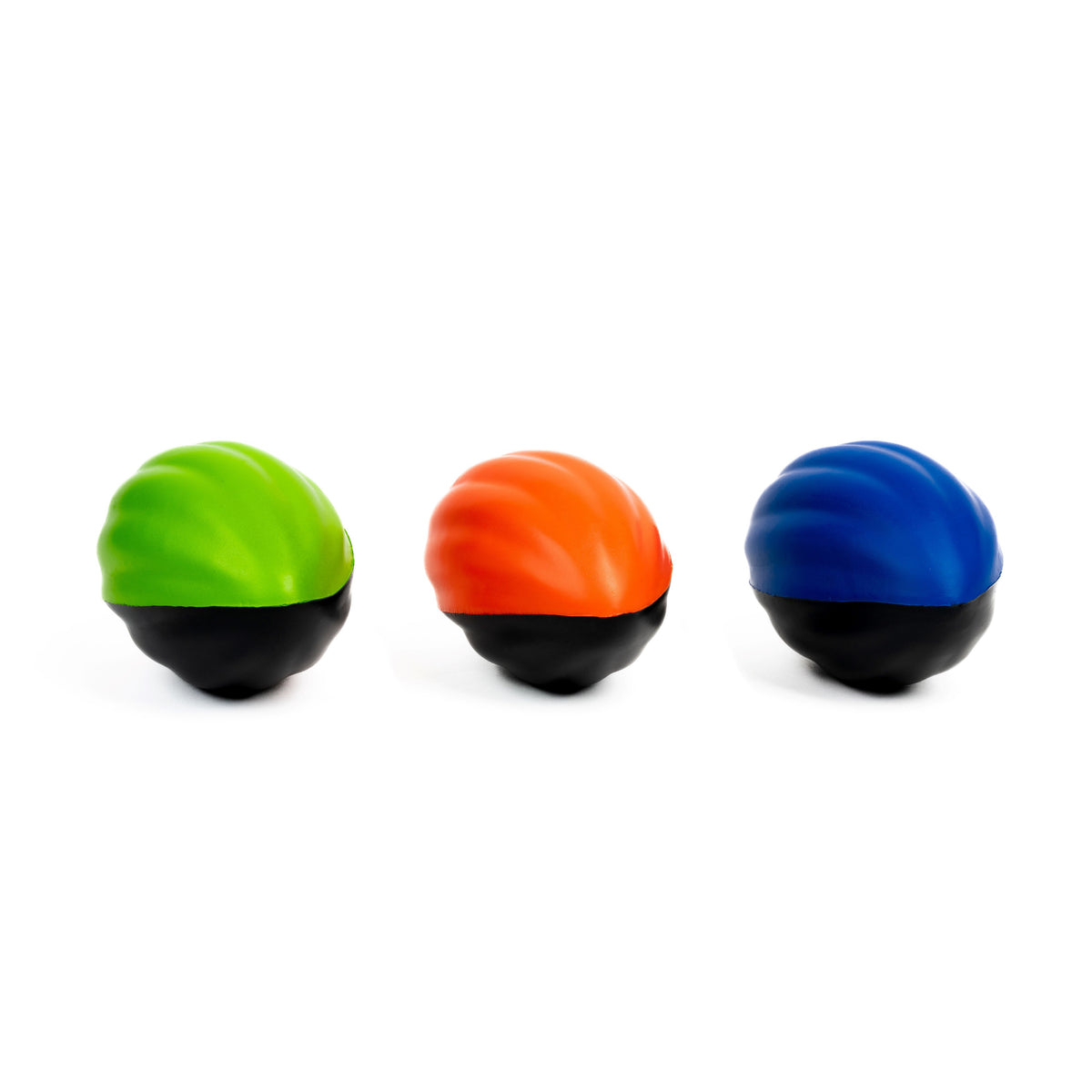 Three GO! Play GO! 5"Foam Footballs with black bottoms and textured green, orange, and blue tops are lined up on a white background—ideal as colorful beach toys or for backyard games.