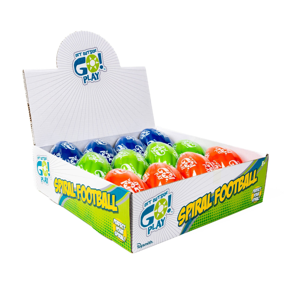 Open display box of GO! Play GO! 5" Foam Footballs in blue, green, and orange, neatly arranged in rows. The box has vibrant GO! Play branding and promotes these fun backyard games and beach toys.