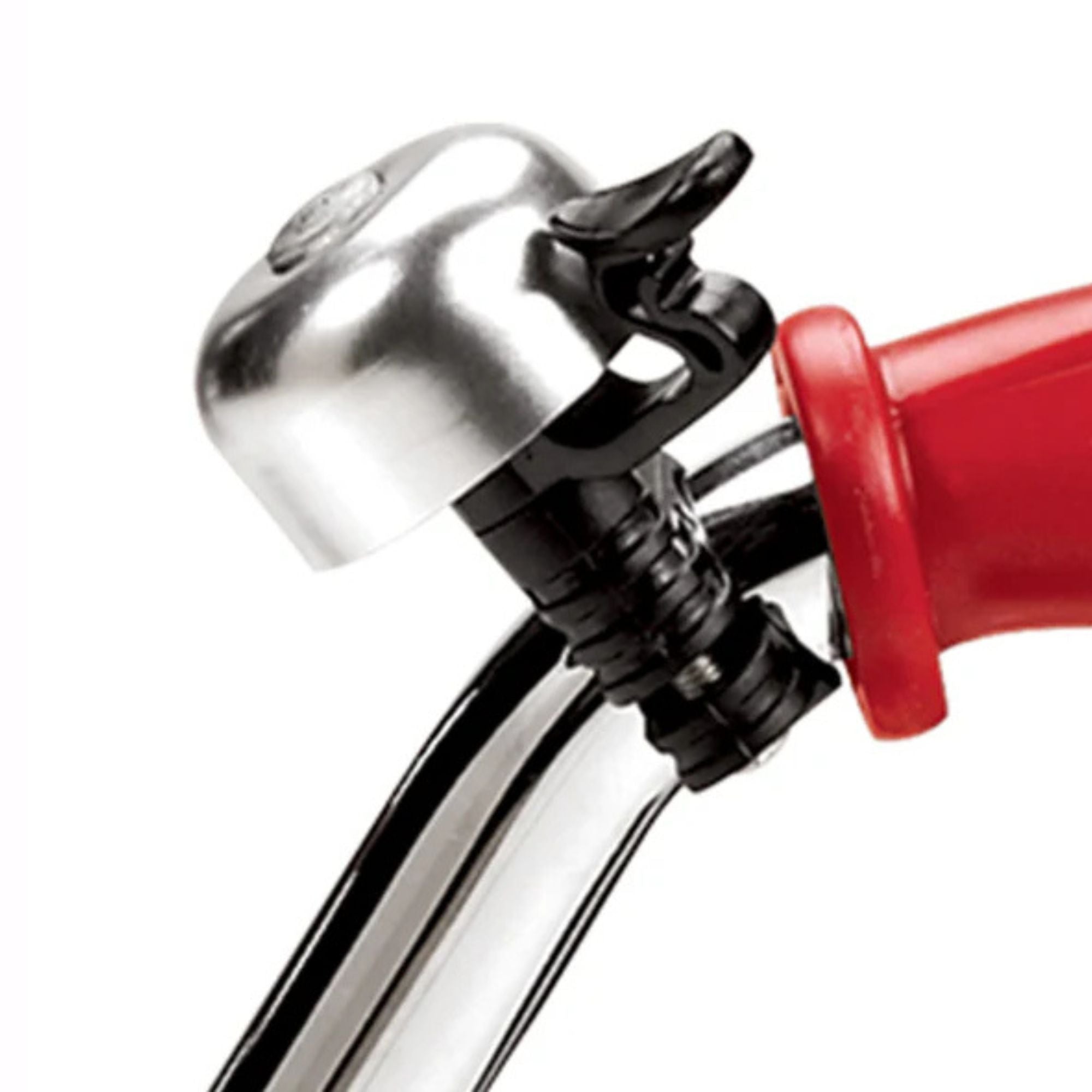 Close-up of a shiny silver bicycle bell on the handlebars of the Radio Flyer Scoot About by Radio Flyer, with a red handlebar grip against a white background.