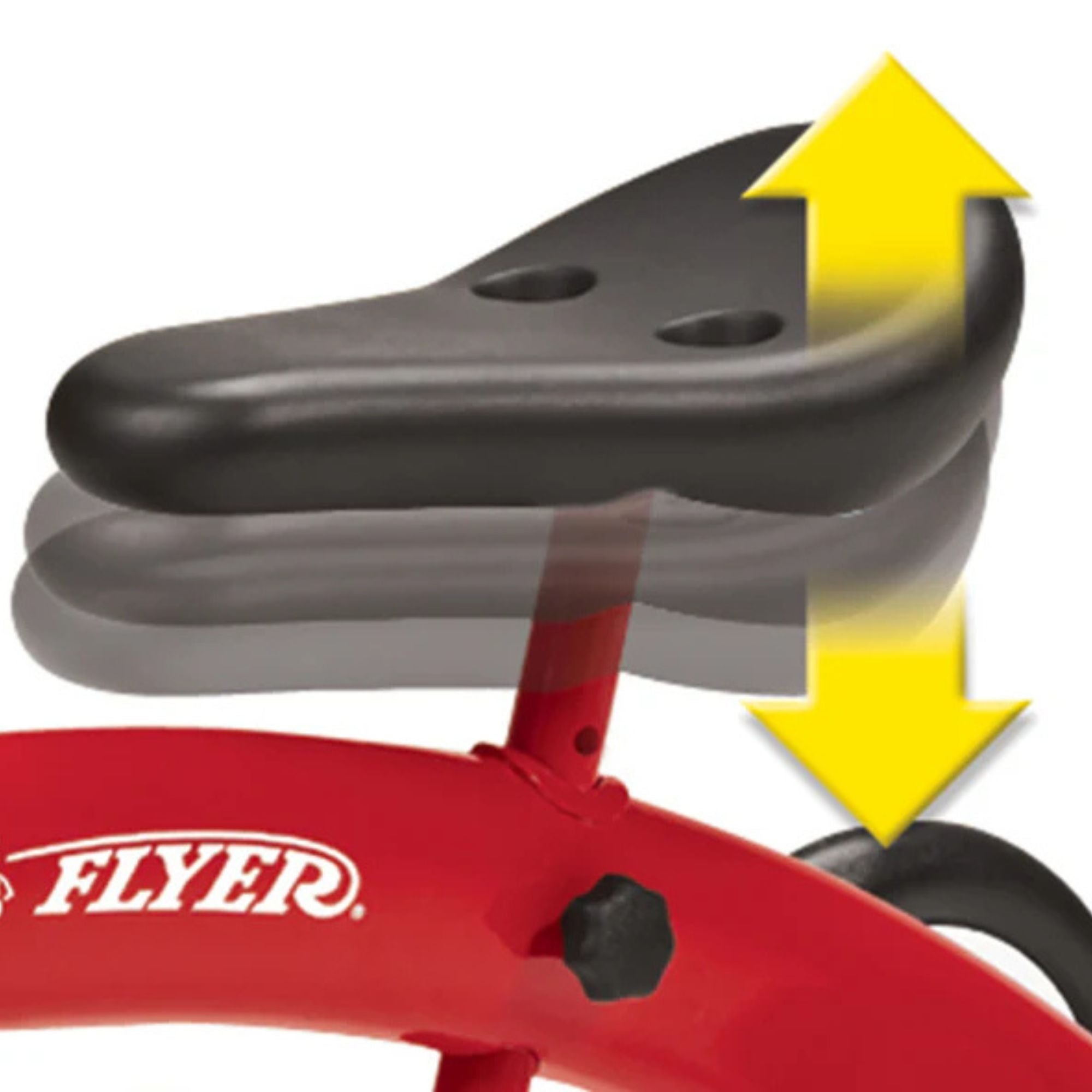 A close-up shows the adjustable black seat of the Radio Flyer Scoot About, a toddler ride-on toy by Radio Flyer, above its red frame labeled “FLYER.” A yellow arrow highlights how the seat height can be changed as needed.