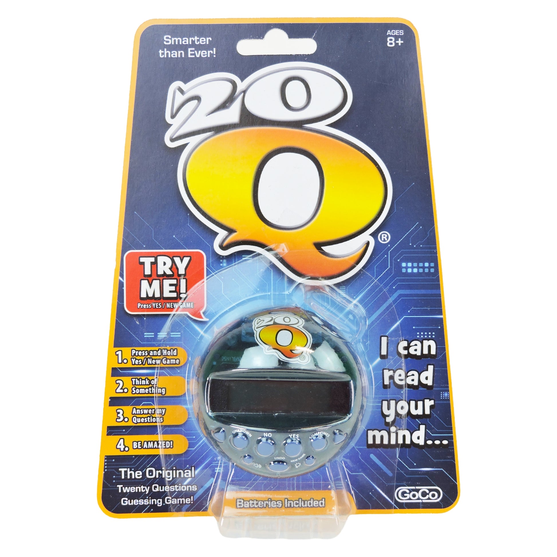 The GoCo 20Q Electronic Handheld Game features a yellow Q logo on a blue box with “I can read your mind” and “TRY ME! The Original Twenty Questions Guessing Game!” Pre-order now from GoCo for ages 8+.