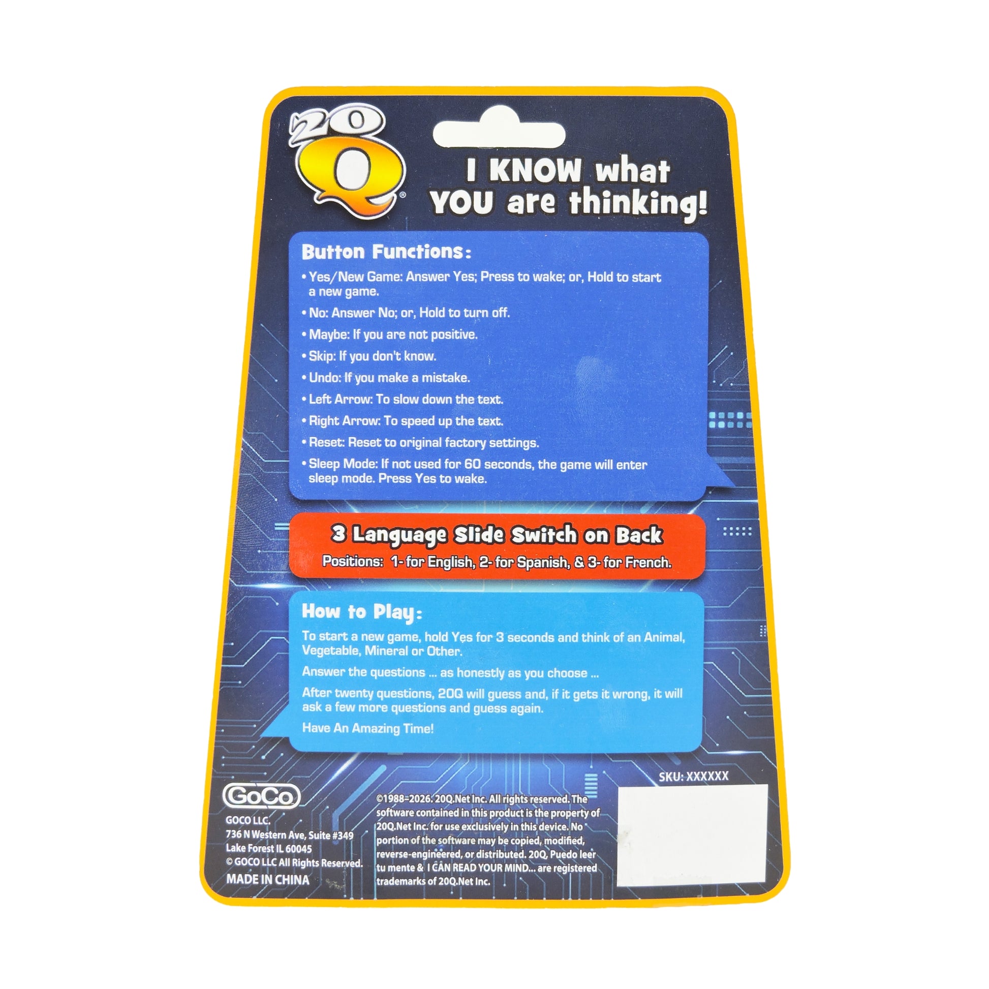 The GoCo 20Q Electronic Handheld Game’s back packaging shows instructions, button functions, a 3-language switch, and gameplay info on a blue background with yellow borders and white/yellow text. Pre-order your GoCo now!.