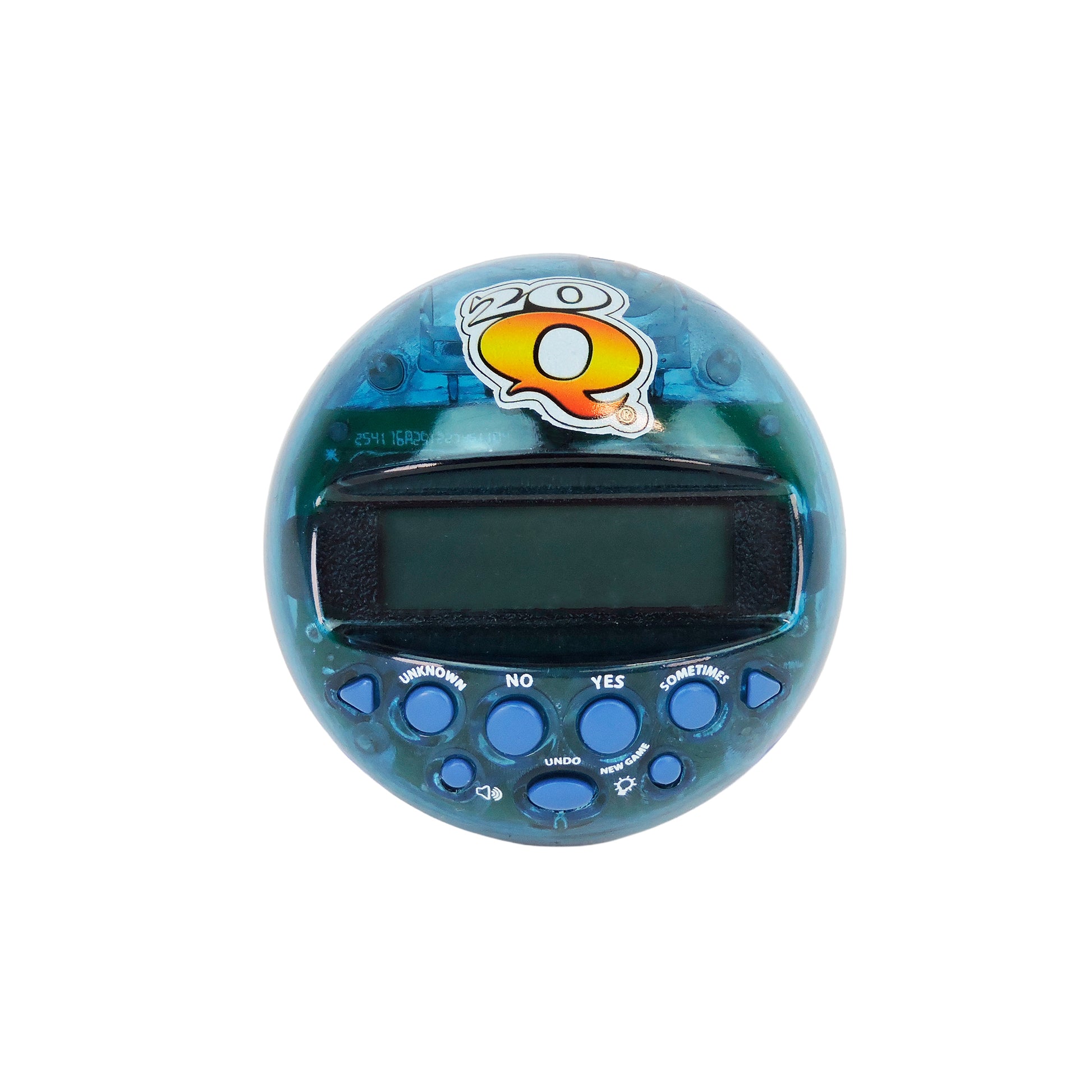 The GoCo 20Q Electronic Handheld Game by GoCo is a blue, circular device with a small screen and blue YES, NO, UNKNOWN, and UNDO buttons. The 20Q logo appears above the display.