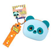 A small, adorable pouch shaped like a blue and teal panda face with orange ears, featuring an orange tag and "Santoro" label—Bangoberry Pally Panda Pouch is perfect as a cute bag accessory or character pouch.