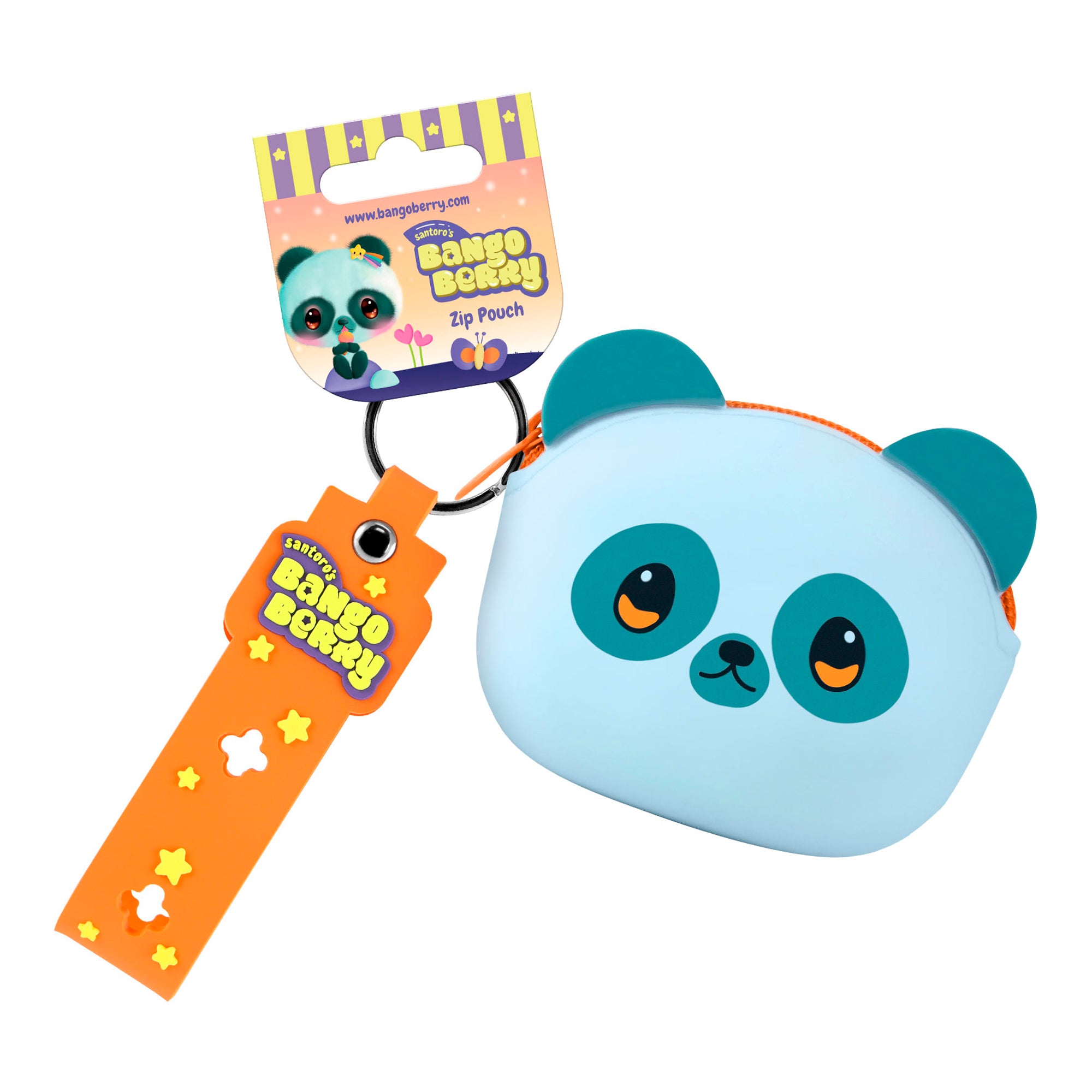 A small, adorable pouch shaped like a blue and teal panda face with orange ears, featuring an orange tag and "Santoro" label—Bangoberry Pally Panda Pouch is perfect as a cute bag accessory or character pouch.