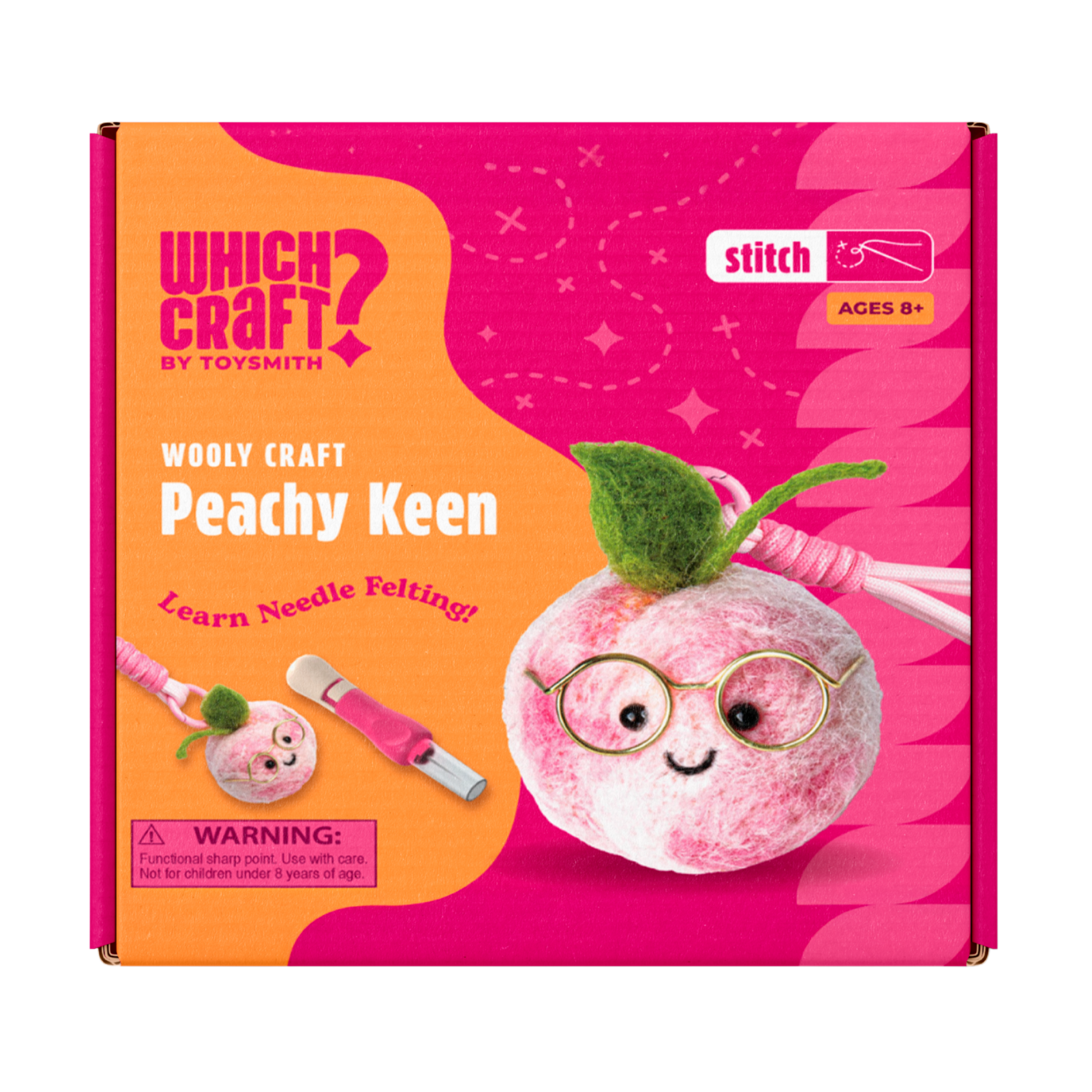 Which Craft Peachy Keen Wooly Craft by Which Craft is a pink wool craft kit featuring a smiling peach character with glasses and a felt leaf. Includes needle felting pen. Perfect for beginner crafters ages 8+.