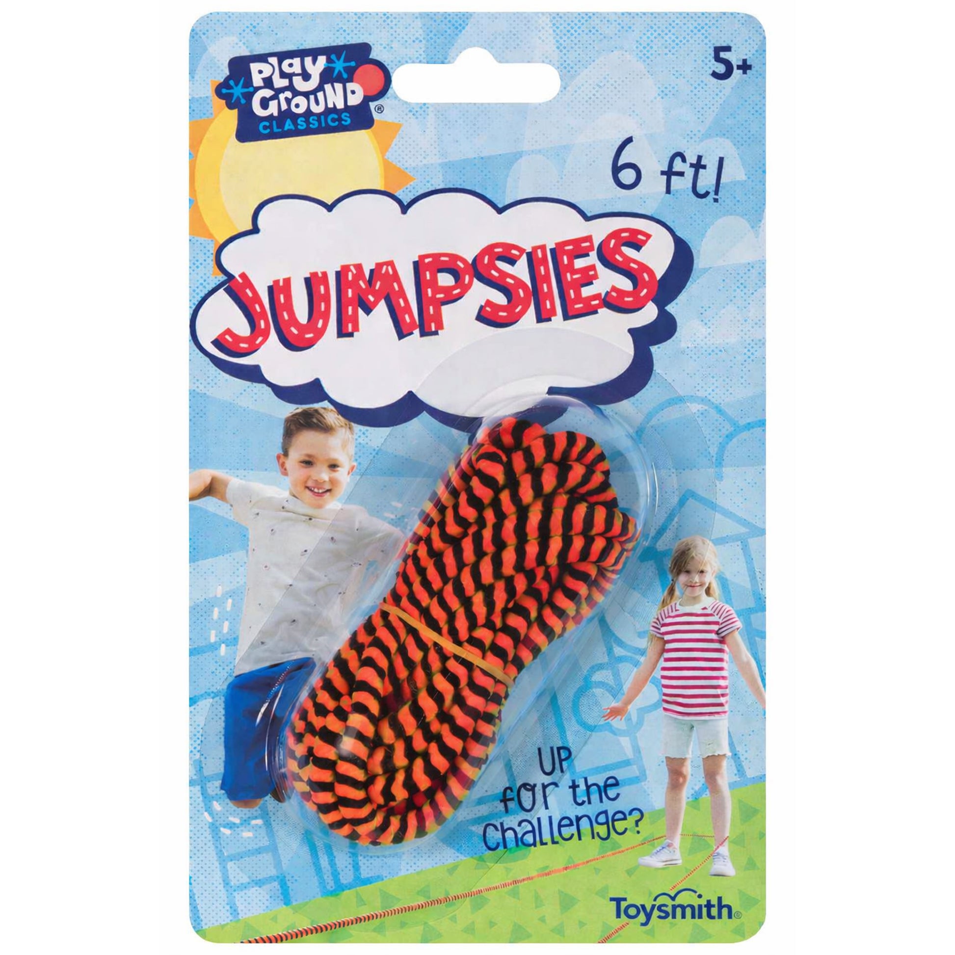 The packaged Playground Classics Jumpsies Jump Rope by Playground Classics features a black and orange rope (6 ft), recommended for ages 5+, with playful children and “Up for the challenge?” shown on the background.