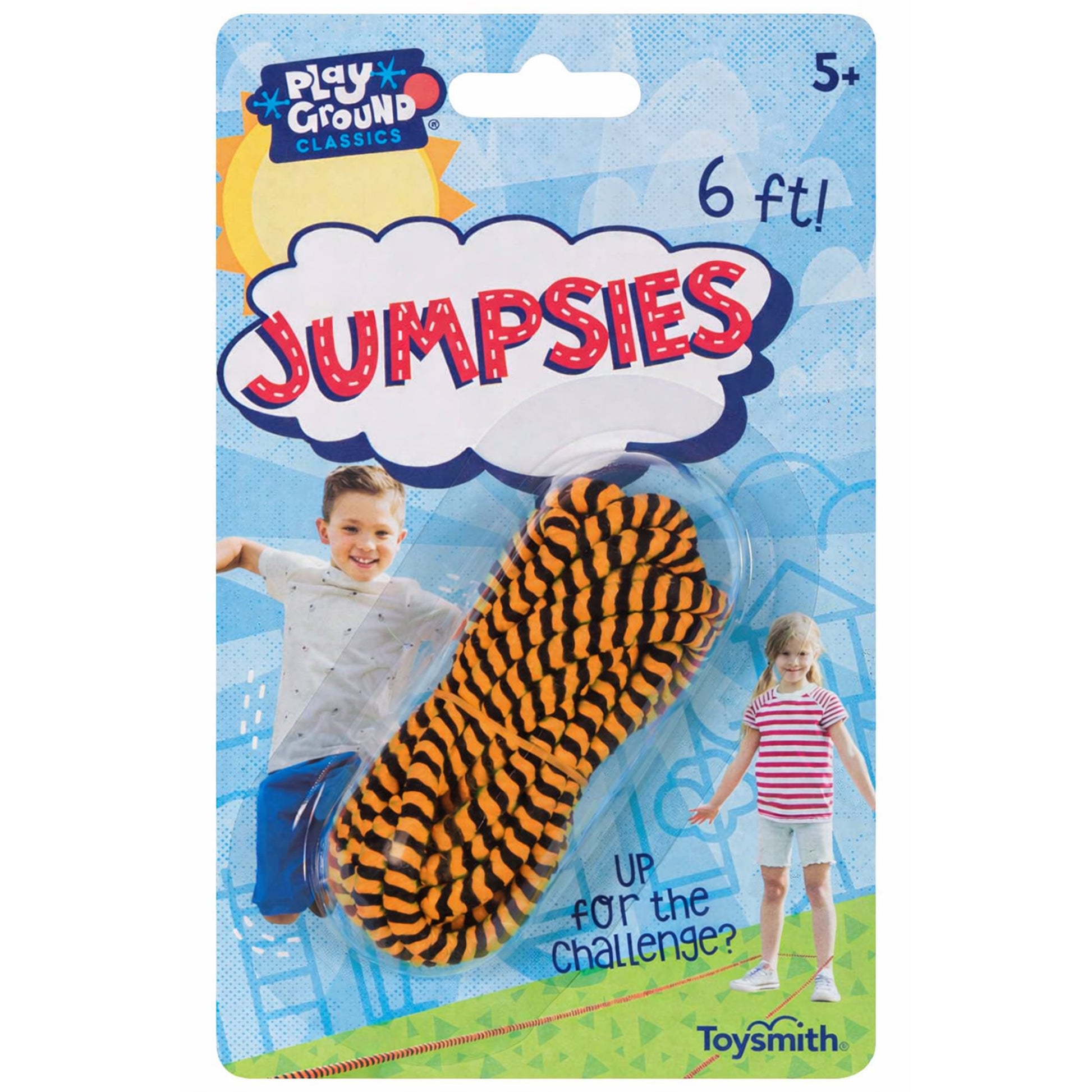 Playground Classics Jumpsies Jump Rope, 6 feet long in orange and black, is for ages 5+. Packaging shows kids at play with the phrase “Up for the challenge?” Brand: Playground Classics.