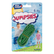 A package labeled Playground Classics Jumpsies Jump Rope by Playground Classics features a 6-foot green and black braided rope, designed for ages 5+, with packaging showing kids playing on a playground.