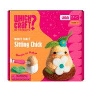 The Which Craft Sitting Chick Wooly Craft kit by Which Craft features a cute felted chick with leaves on its head, holding a white flower and comes with a felting tool. Ideal for beginner wool crafters ages 8+.