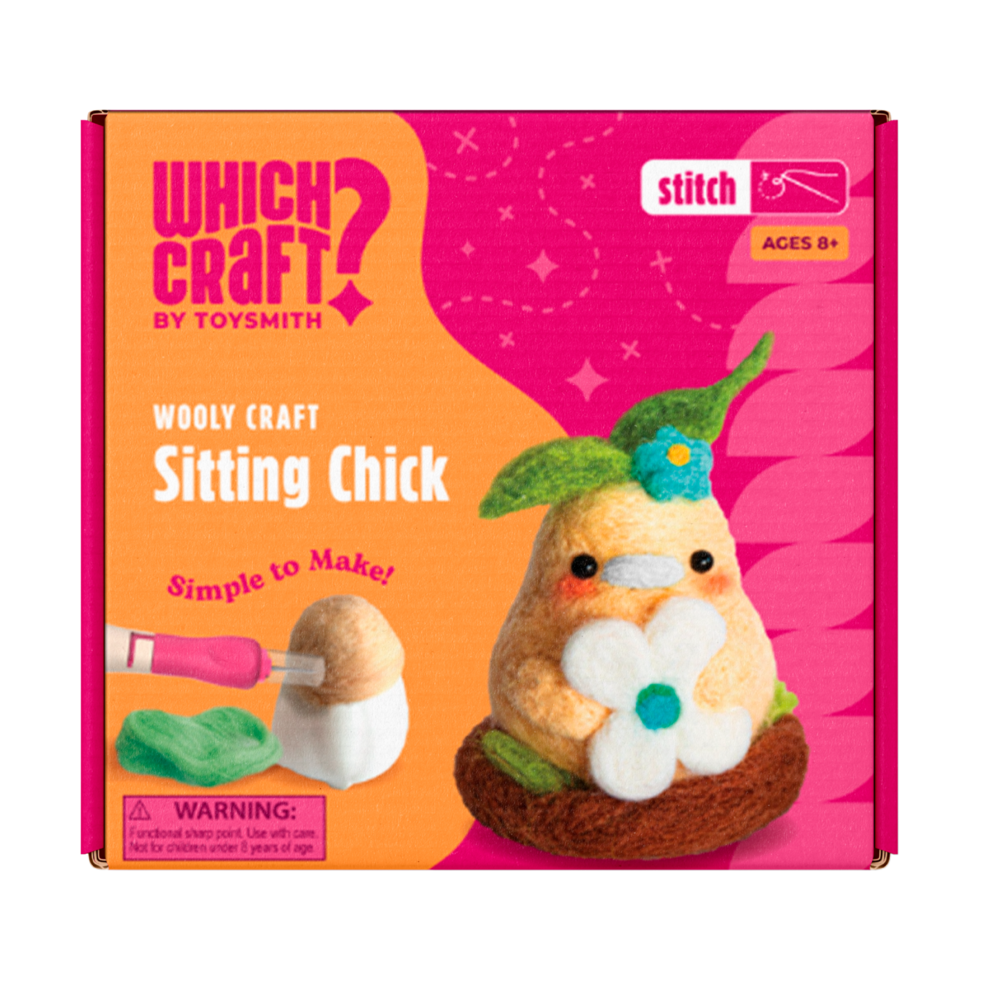 The Which Craft Sitting Chick Wooly Craft kit by Which Craft features a cute felted chick with leaves on its head, holding a white flower and comes with a felting tool. Ideal for beginner wool crafters ages 8+.