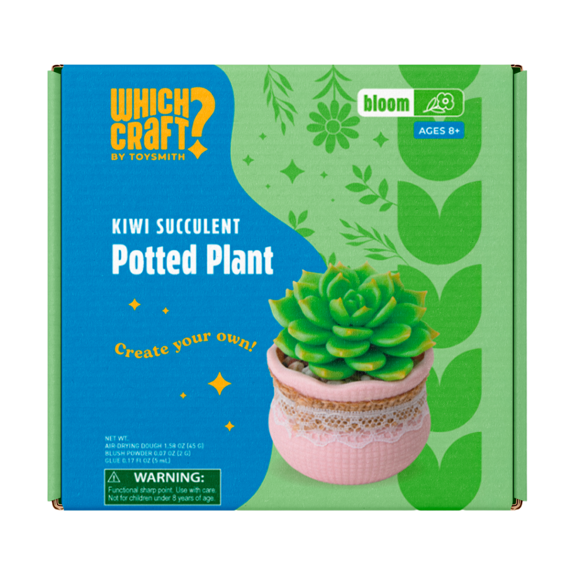 The Which Craft Kiwi Succulent Potted Plant kit by Which Craft comes in a green and blue box showing a faux green succulent in a pink pot. Designed for ages 8+, this beginner kit includes a small parts warning.