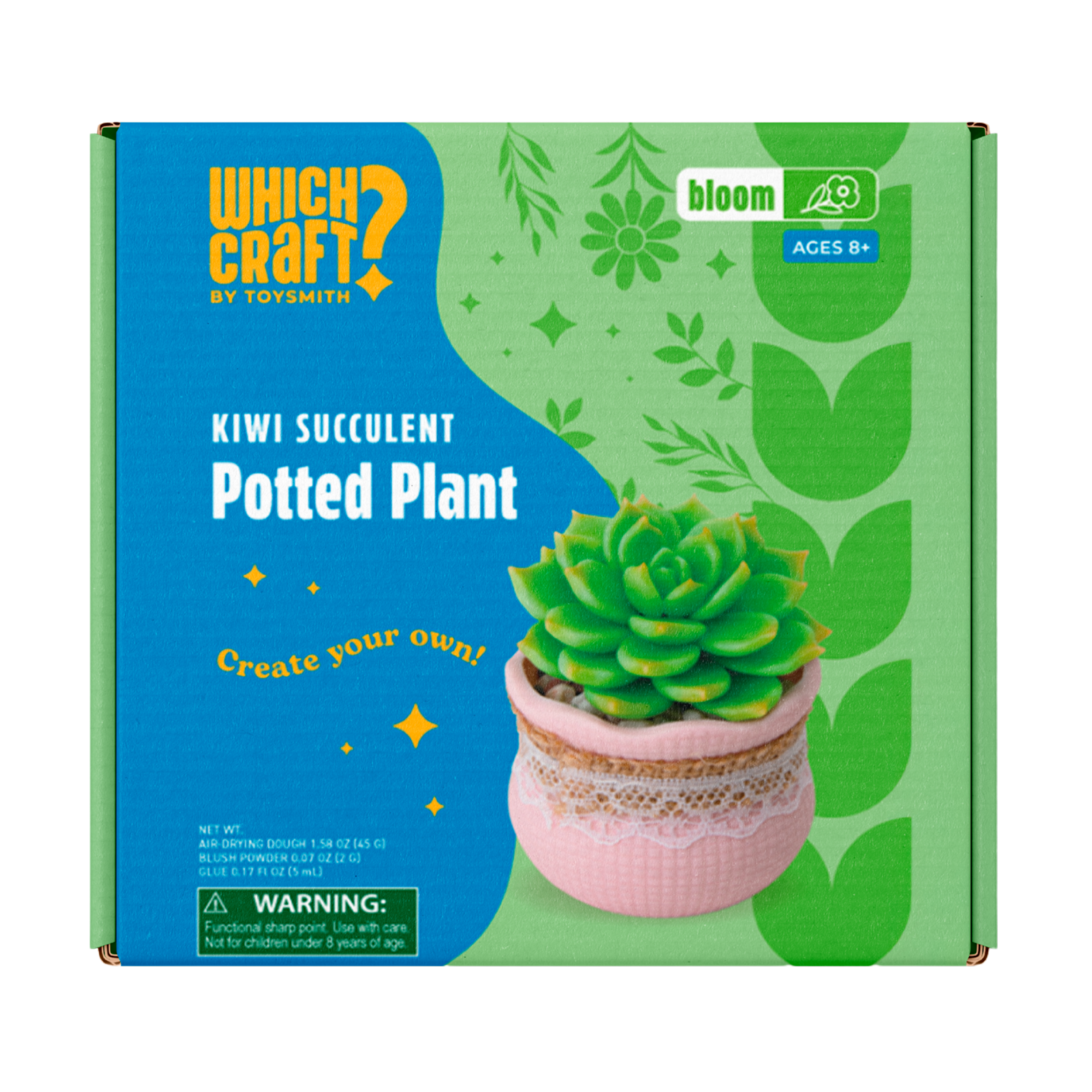 The Which Craft Kiwi Succulent Potted Plant kit by Which Craft comes in a green and blue box showing a faux green succulent in a pink pot. Designed for ages 8+, this beginner kit includes a small parts warning.