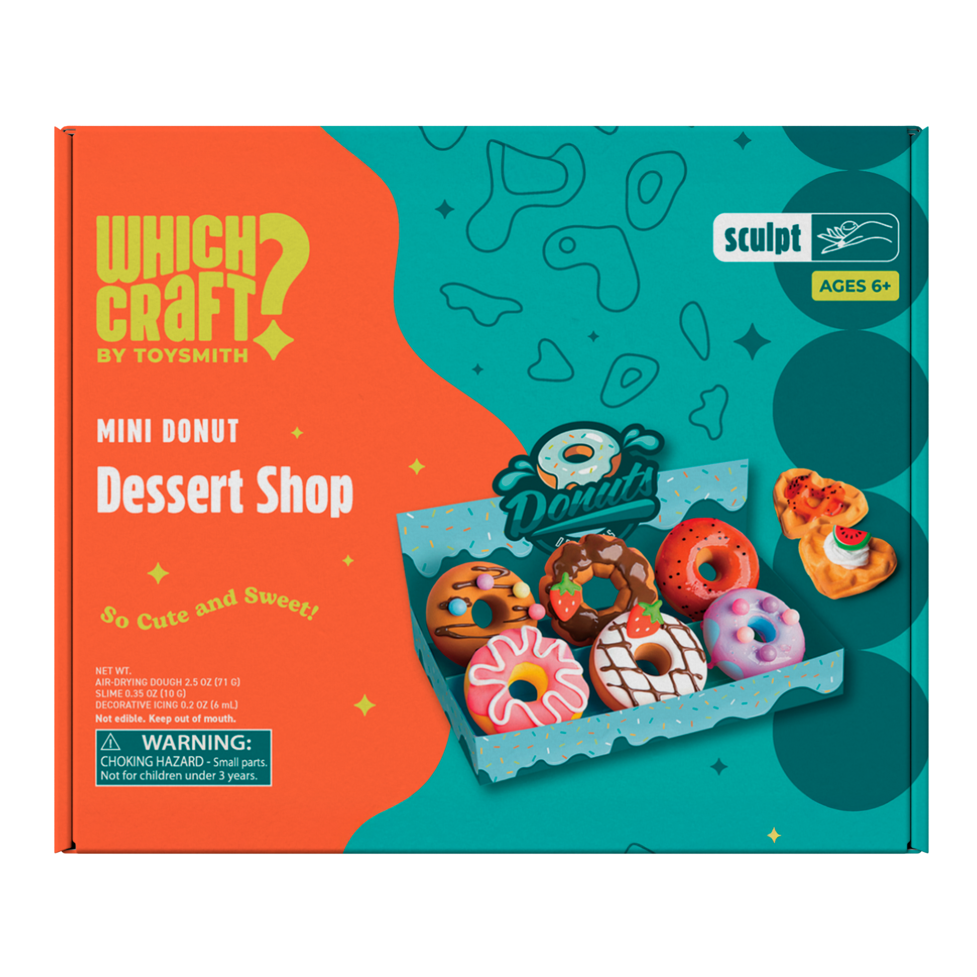 The Which Craft Mini Donut Dessert Shop kit by Which Craft features a tray of six decorated toy donuts, perfect for creative activities. Recommended for ages 6 and up.