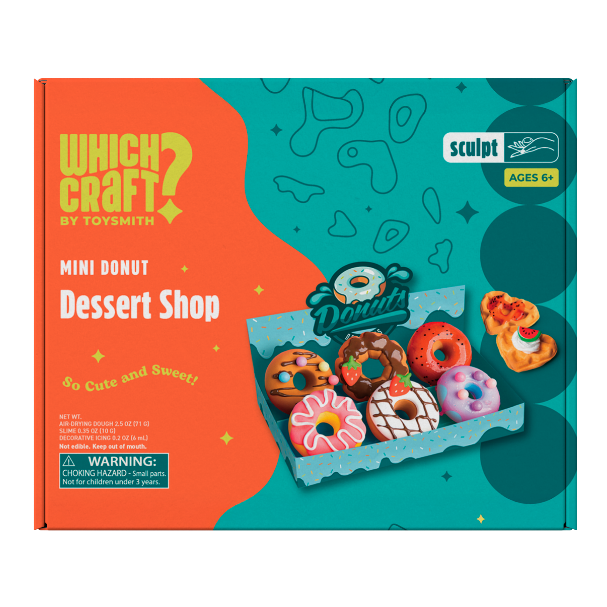The Which Craft Mini Donut Dessert Shop kit by Which Craft features a tray of six decorated toy donuts, perfect for creative activities. Recommended for ages 6 and up.