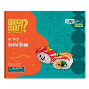 The Which Craft Lil' Rolls Sushi Shop by Which Craft is a colorful sushi craft kit box with two cute, smiling bead sushi rolls. It’s perfect for kids ages 6+ and includes a choking hazard warning.