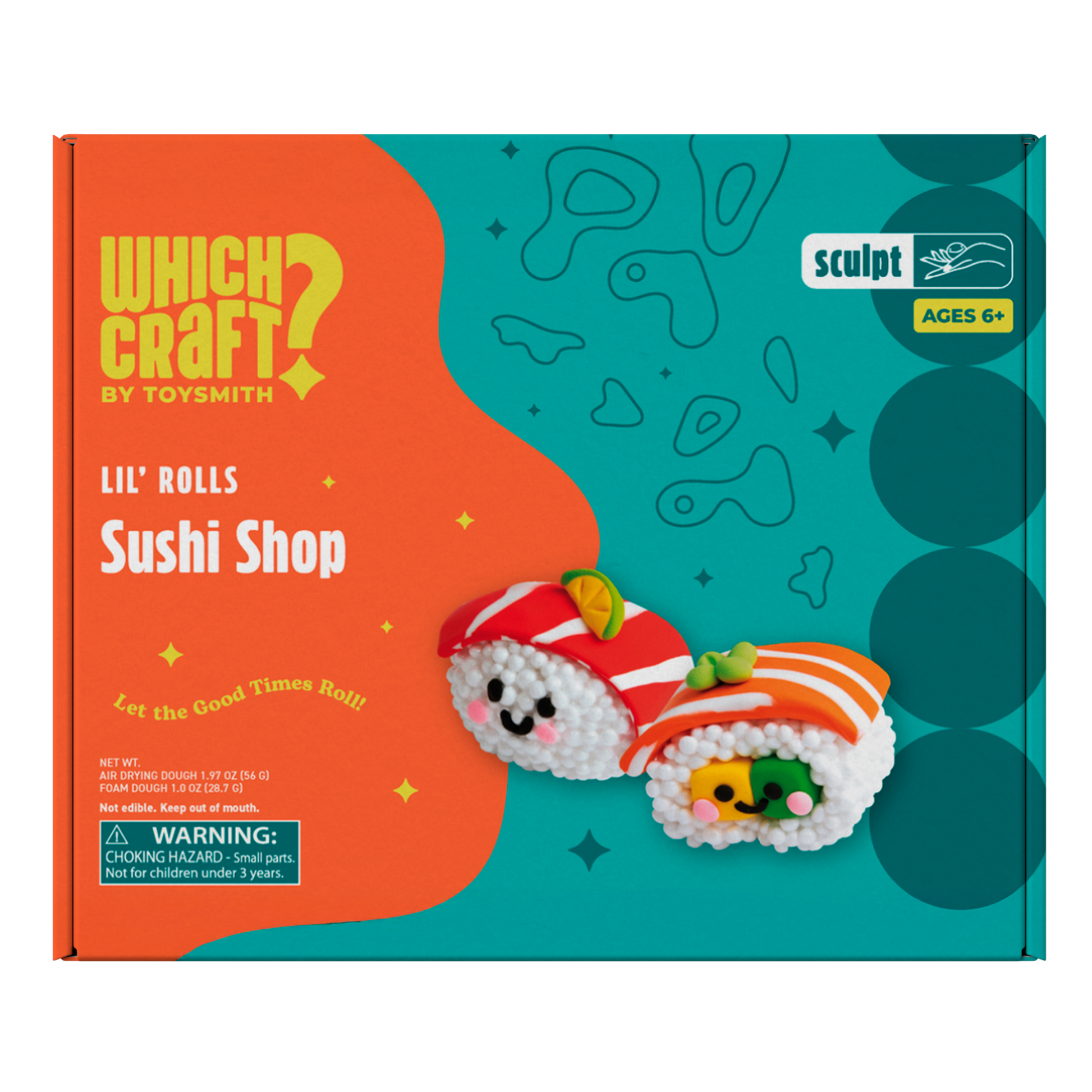 The Which Craft Lil' Rolls Sushi Shop by Which Craft is a colorful sushi craft kit box with two cute, smiling bead sushi rolls. It’s perfect for kids ages 6+ and includes a choking hazard warning.