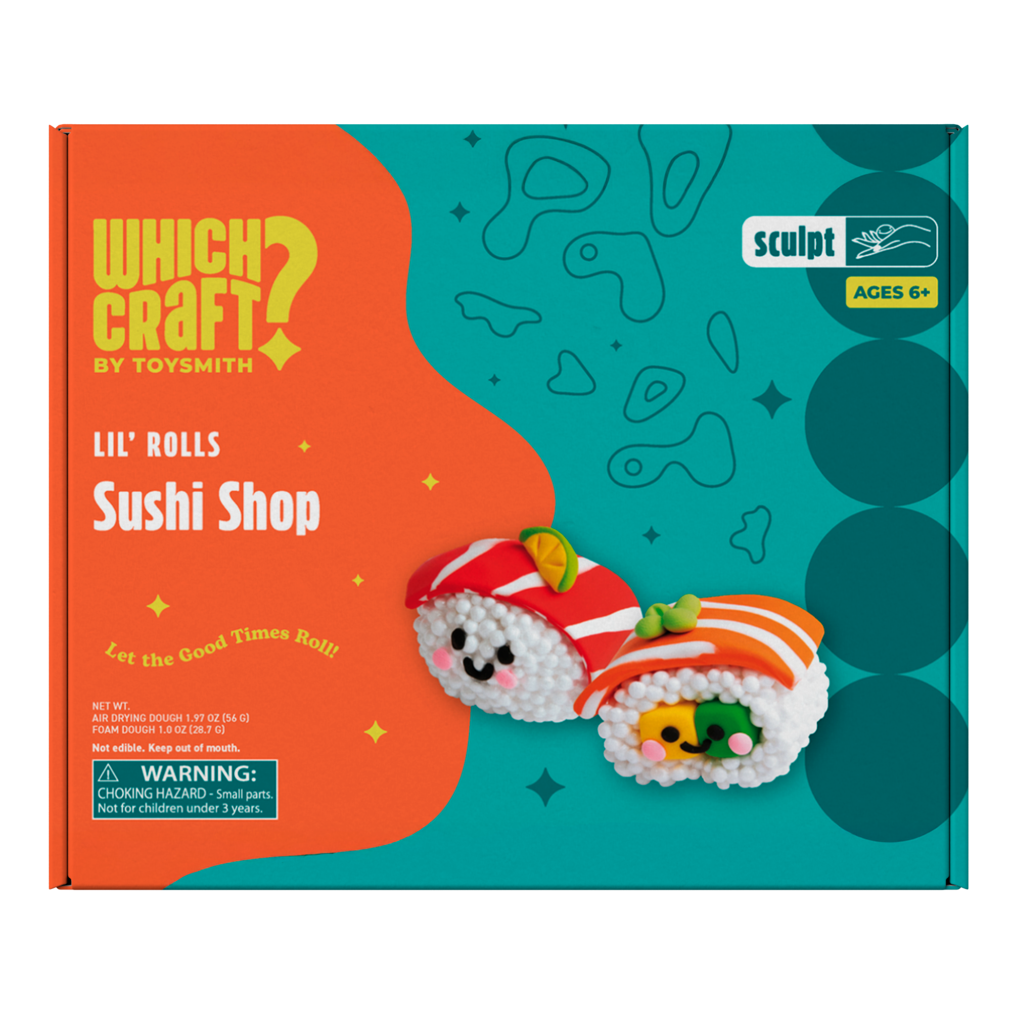 The Which Craft Lil' Rolls Sushi Shop by Which Craft is a colorful sushi craft kit box with two cute, smiling bead sushi rolls. It’s perfect for kids ages 6+ and includes a choking hazard warning.