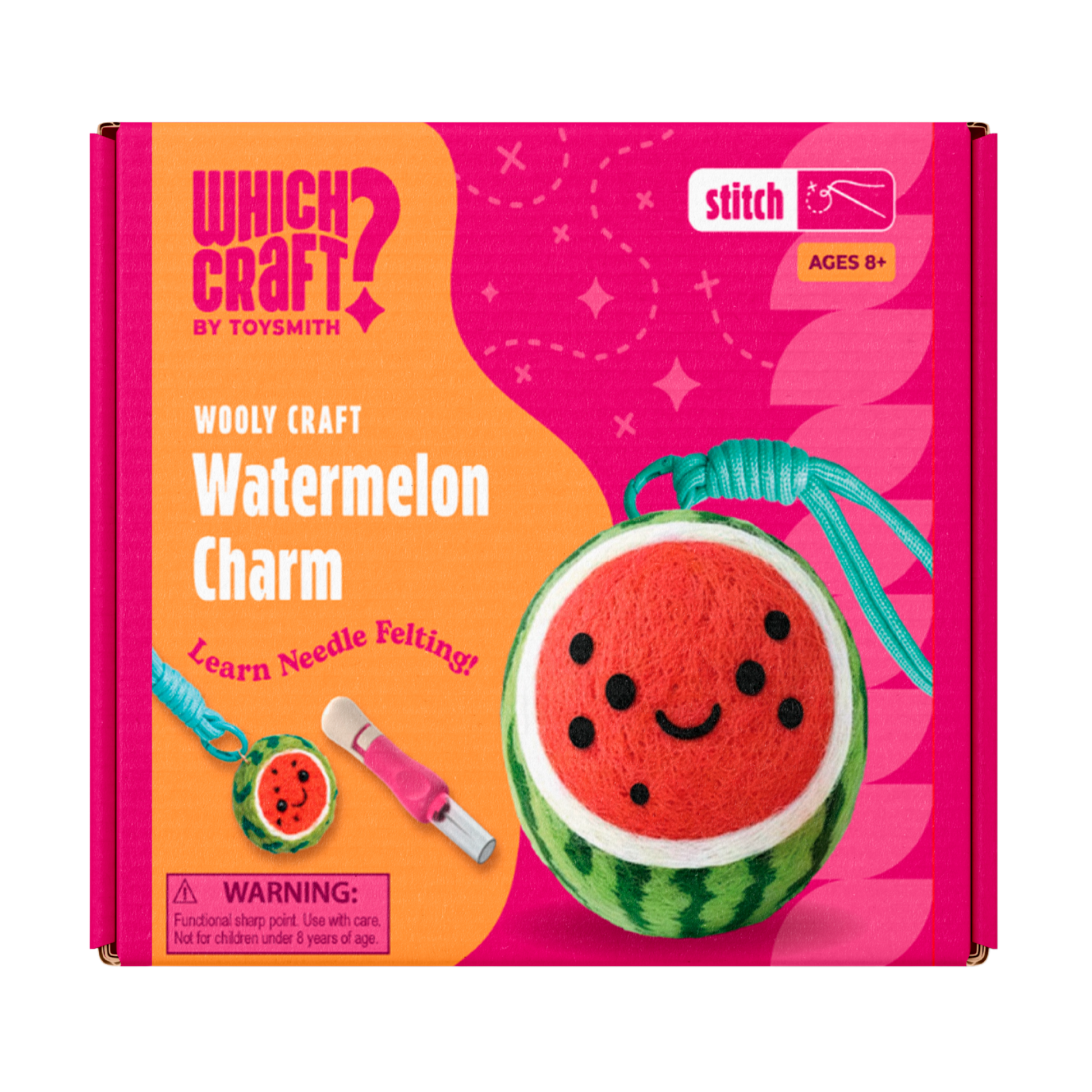 The Which Craft Watermelon Wooly Charm kit by Which Craft features a smiling watermelon charm, felting tool, and keychain—a fun beginner craft for ages 8+, shown on a pink and orange background.