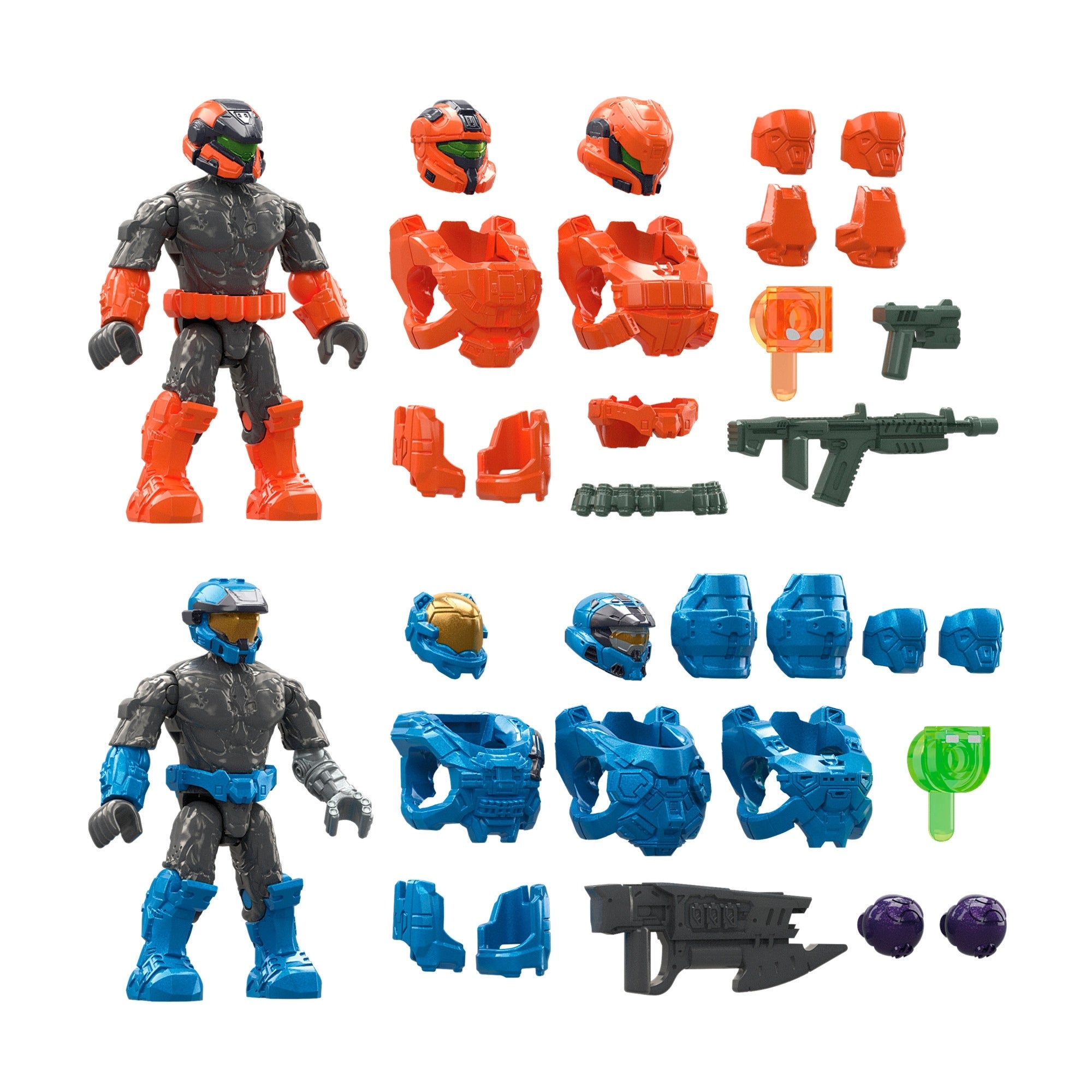 The Mega Bloks Spartan Mission Pack Collection includes two Halo Infinite action figures with interchangeable orange and blue armor, extra helmets, chest plates, weapons, and round Mega Bloks Halo pieces arranged around them.