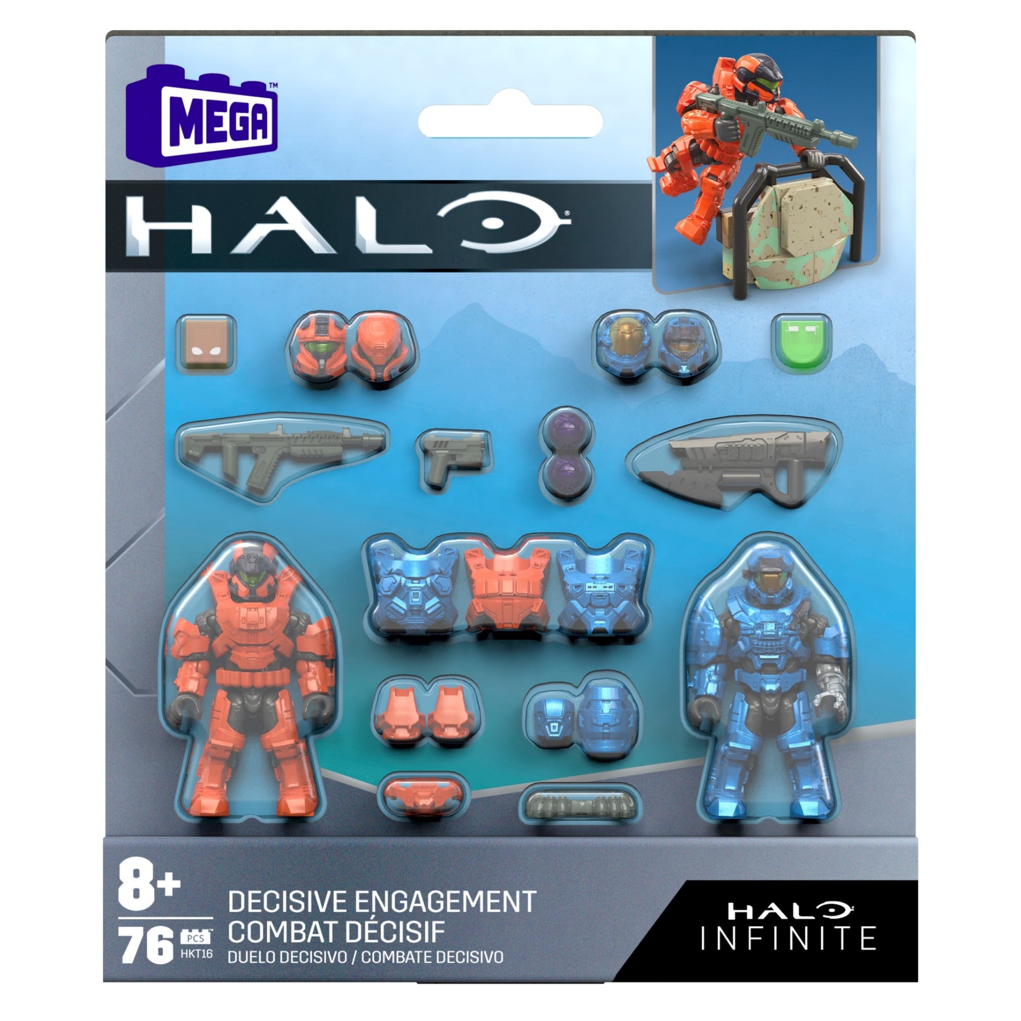 Packaging for the Mega Bloks Spartan Mission Pack Collection features two action figures (red and blue Spartans), weapons, accessories, and parts neatly arranged in a plastic tray, inspired by epic Spartan missions.