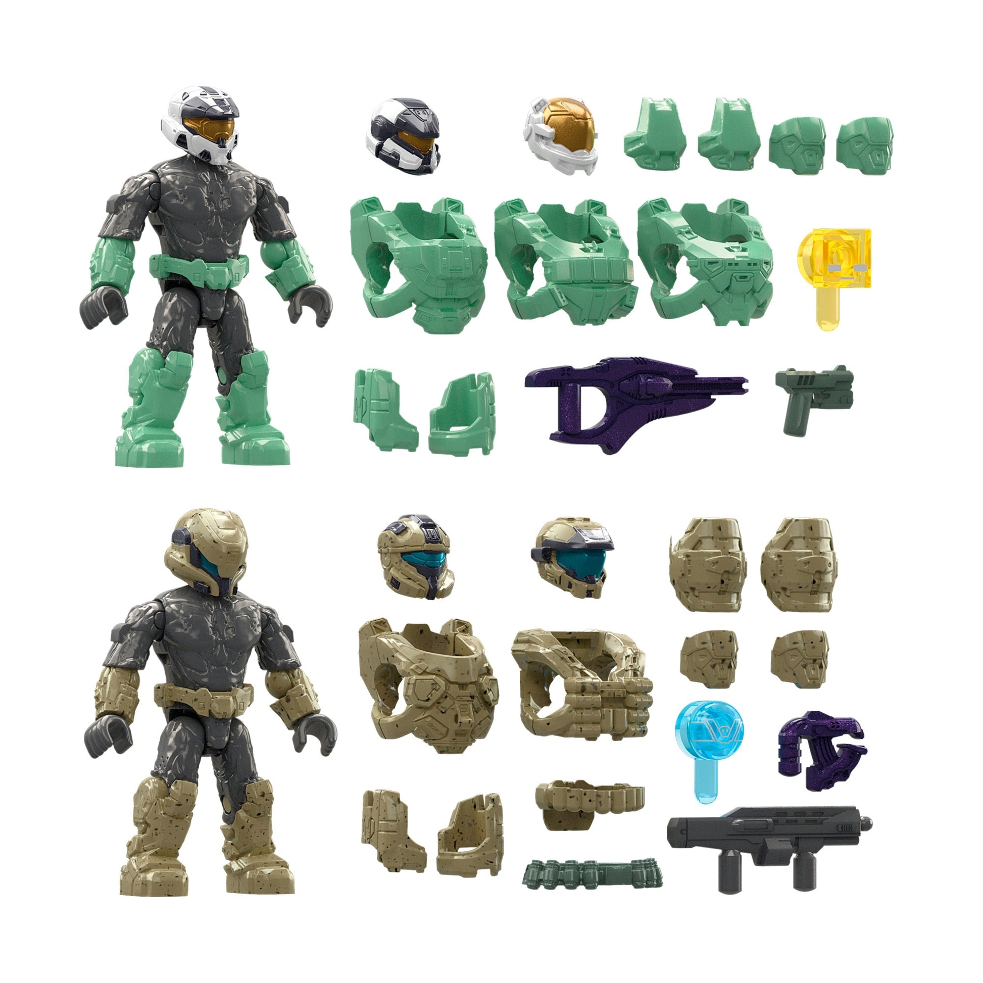 Two action figures from the Mega Bloks Spartan Mission Pack Collection, featuring green and tan armor, interchangeable weapons, and purple/yellow visors, capture the Halo Infinite style—ideal for any Mega Bloks Halo collection.