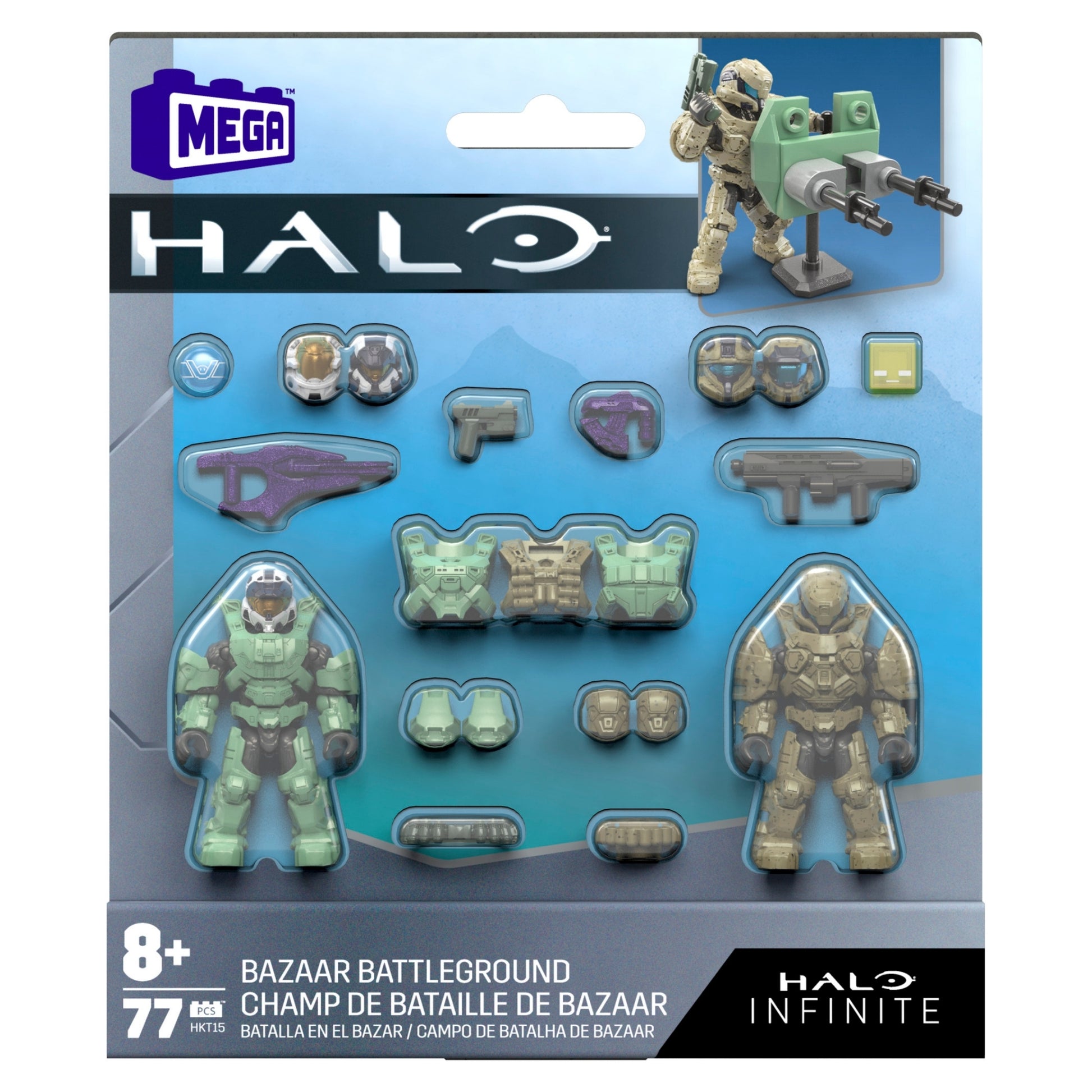 Packaging for Mega Bloks Spartan Mission Pack Collection, inspired by Halo, features two armored figure toys, weapons, accessories, and a buildable turret—77 pieces shown on the front. Recommended for ages 8 and up.