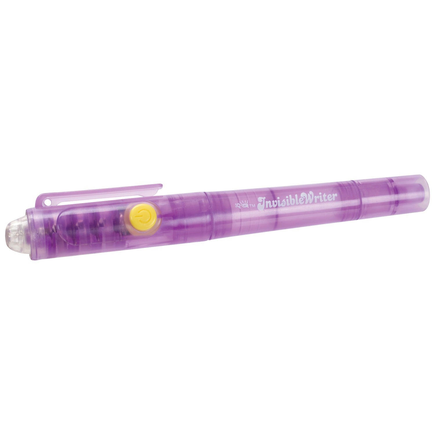 The IQ 2 in 1 Invisible Writer is a translucent purple pen with a yellow button and cap that writes secret messages only visible under UV light.