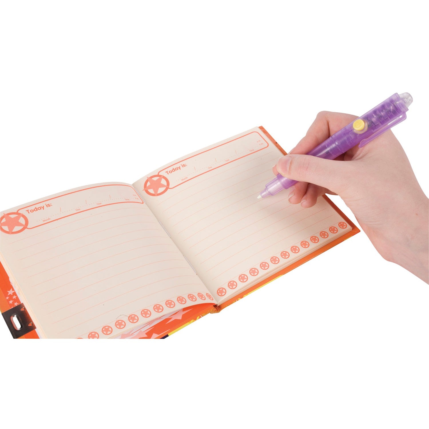 Someone is using the IQ 2 in 1 Invisible Writer pen to jot secret messages in an open lined journal with orange borders and "Today is" spaces—messages that stay hidden until revealed with UV light.