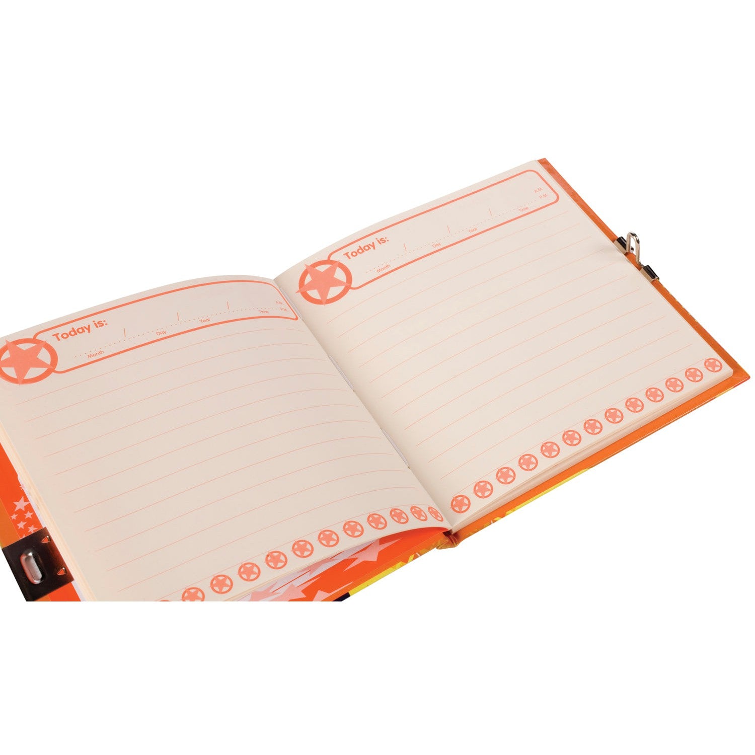 The IQ 2 in 1 Invisible Writer is an open diary with orange borders, lined pages titled "Today is:" for the date, and star patterns—perfect for jotting secret messages using the invisible ink pen to keep your notes hidden!.