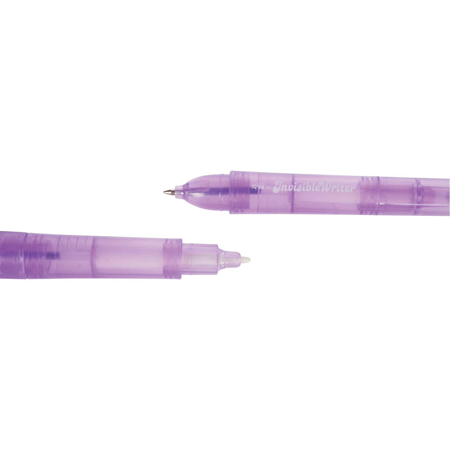 Two purple plastic IQ 2 in 1 Invisible Writer pens rest on a white background. One pen has a visible ballpoint tip, and the other features a white UV light tip for writing and revealing secret messages.