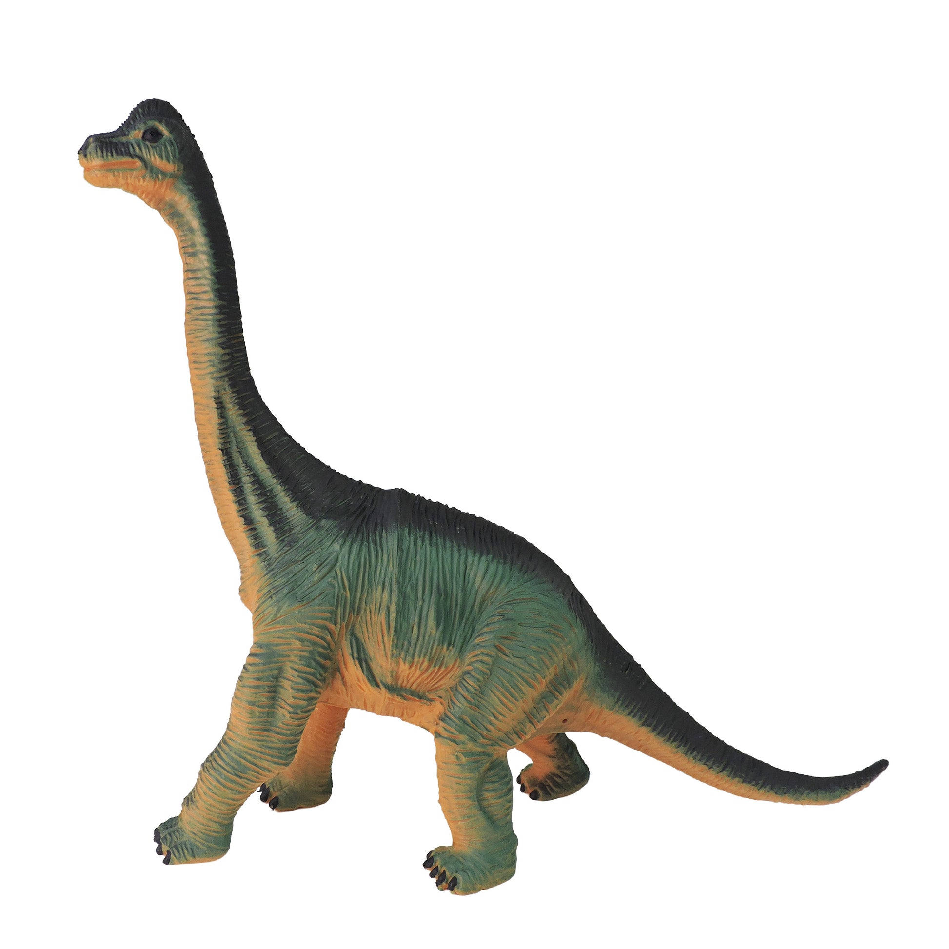 The Toysmith Large Dinosaur Figure by Toysmith is a green and orange sauropod-like toy with a long neck and tail, standing on four legs and facing left.