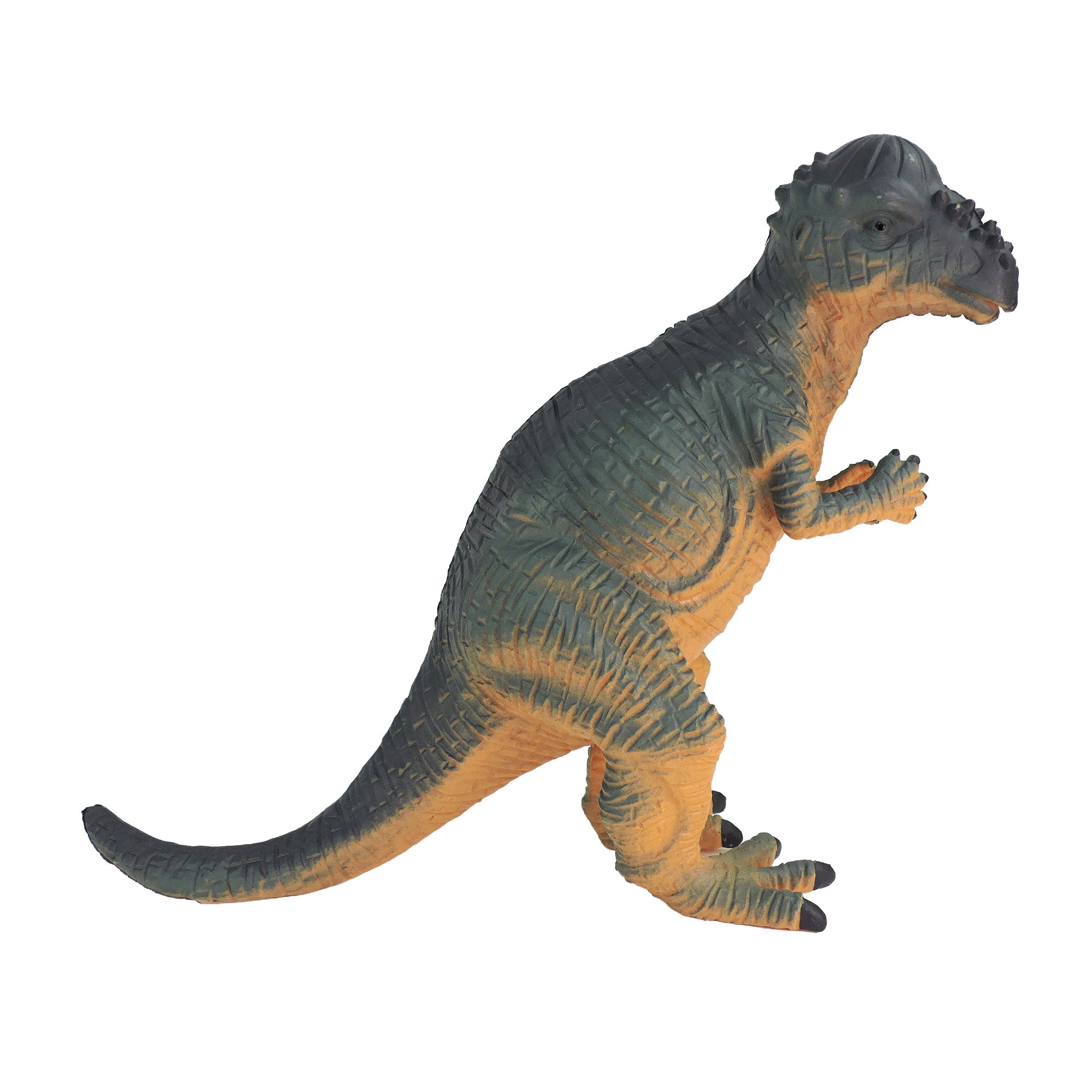 The Toysmith Large Dinosaur Figure by Toysmith is a green and yellow toy with textured skin, upright stance, long tail, small arms, and a bumpy crest on its head.