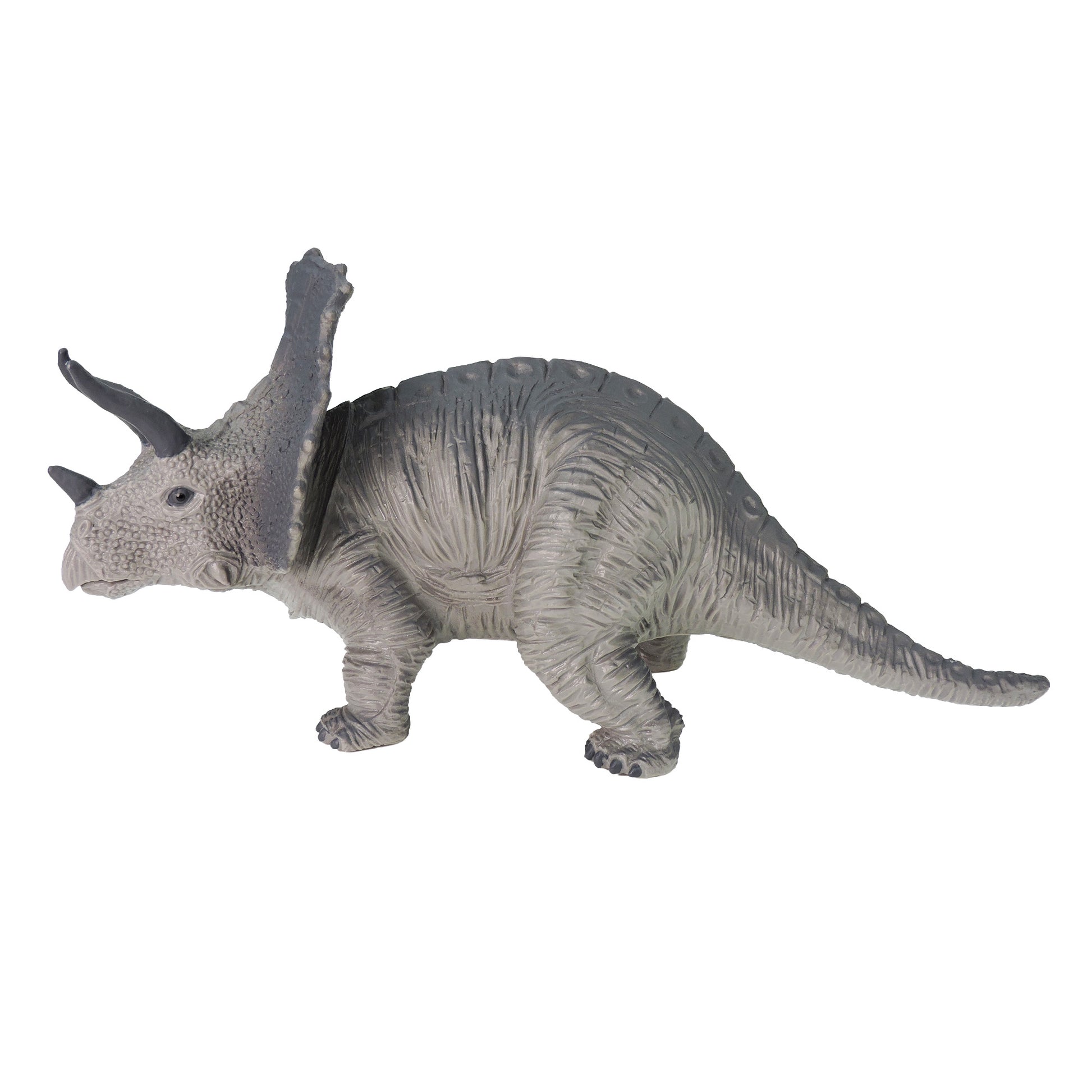 The Toysmith Large Dinosaur Figure by Toysmith is a gray plastic Triceratops toy with three horns, a large frilled head, and textured body, posed on all four legs against a white background.