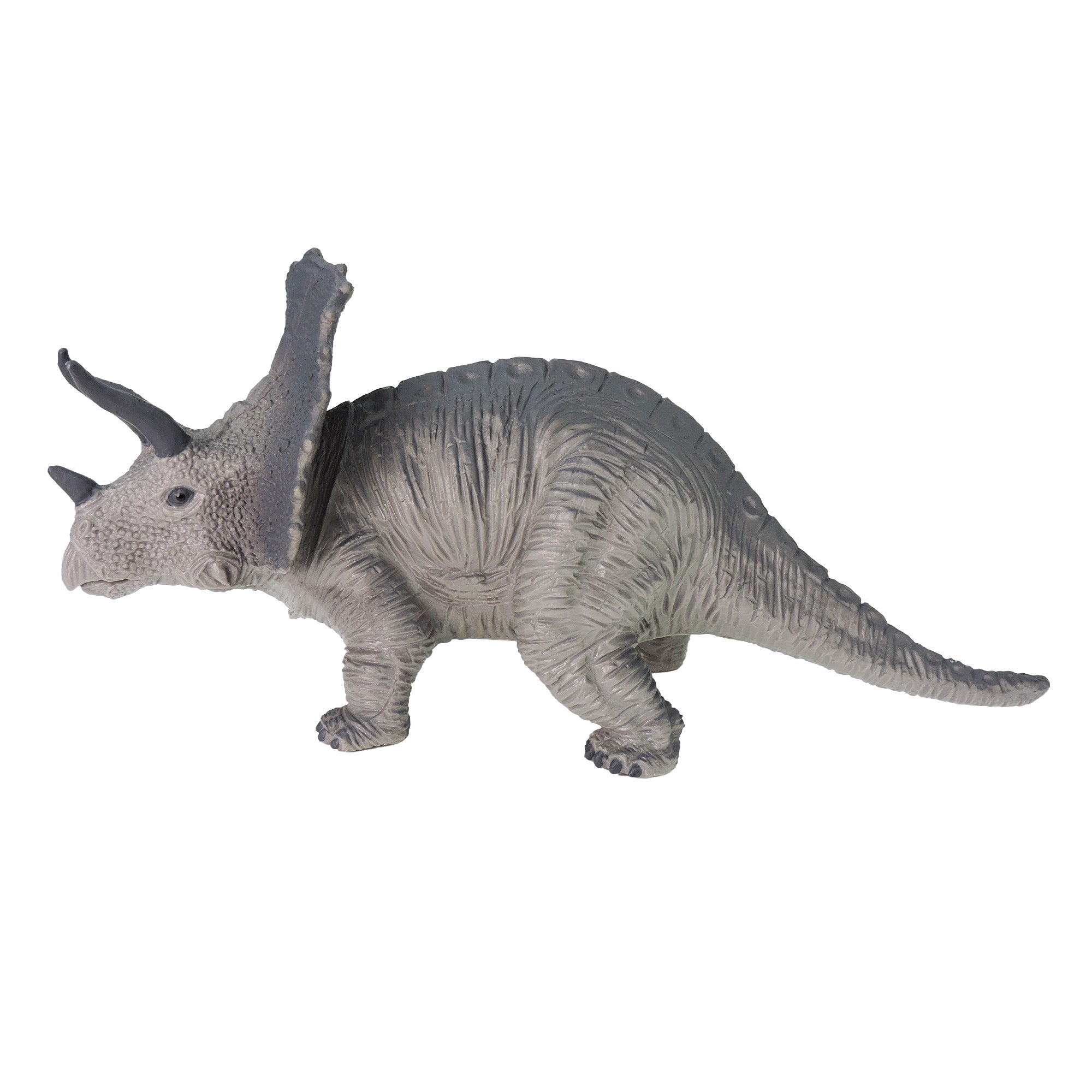 The Toysmith Large Dinosaur Figure by Toysmith is a gray plastic Triceratops toy with three horns, a large frilled head, and textured body, posed on all four legs against a white background.