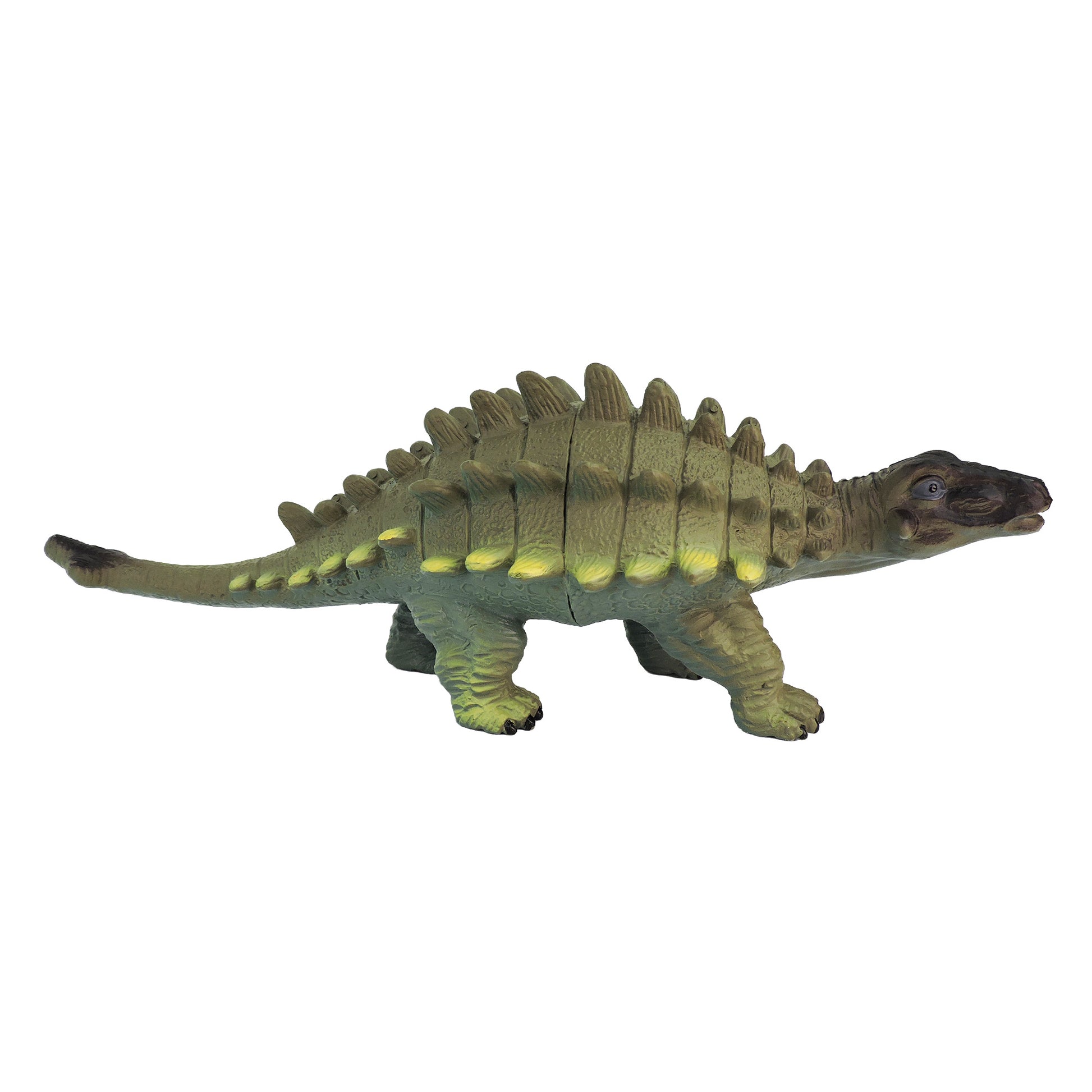 The Toysmith Large Dinosaur Figure by Toysmith is a green and yellow ankylosaurus toy with armor-like plates on its back and tail, standing on four legs against a white background.