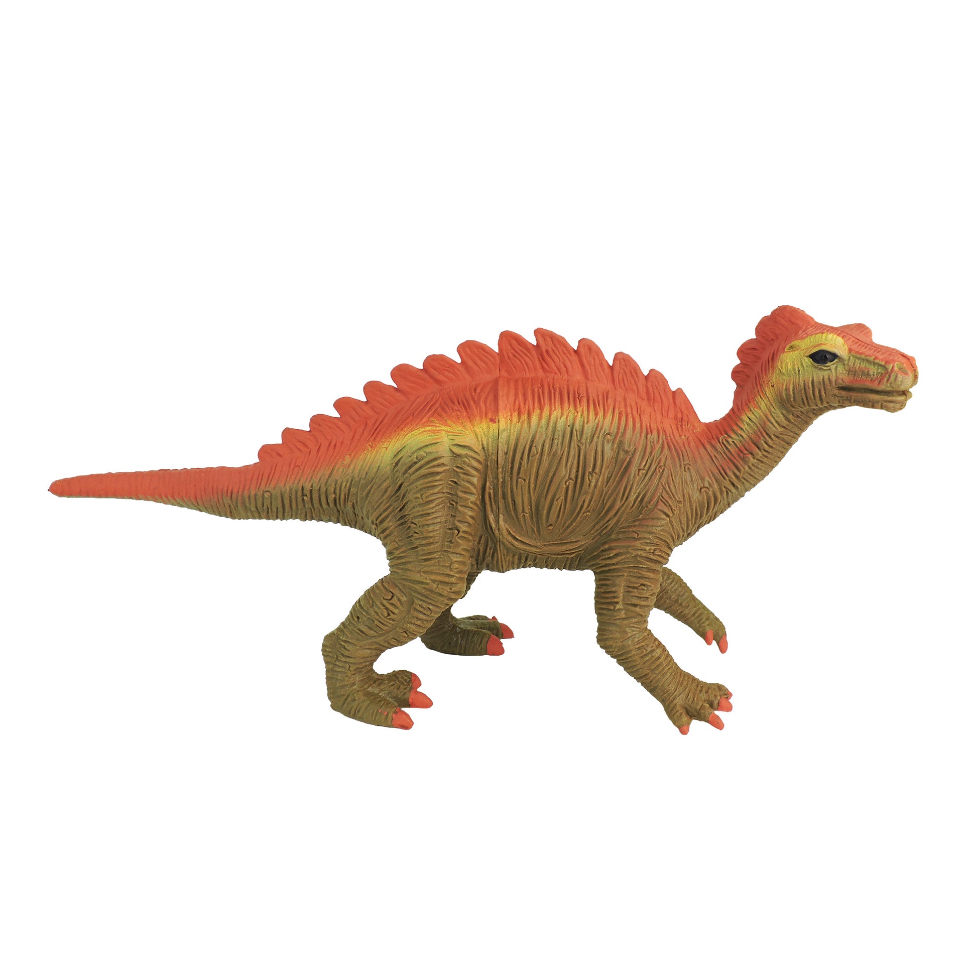 The Toysmith Large Dinosaur Figure by Toysmith features textured greenish-brown skin, orange accents on its back and head, red claws, four-legged stance, and a row of spines along its back.