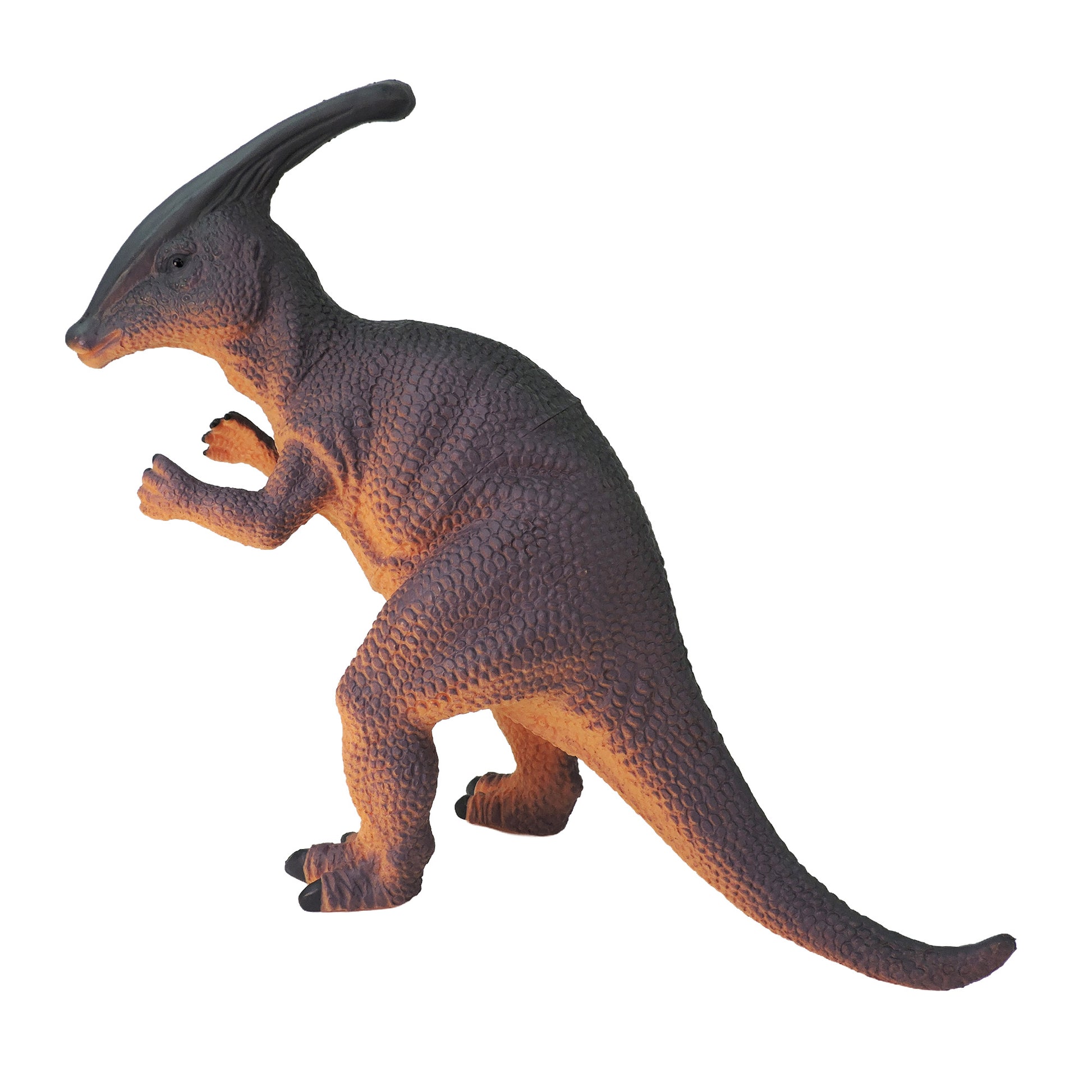 The Toysmith Large Dinosaur Figure by Toysmith depicts a Parasaurolophus standing with textured brown and orange skin and a curved crest, shown isolated on a white background.