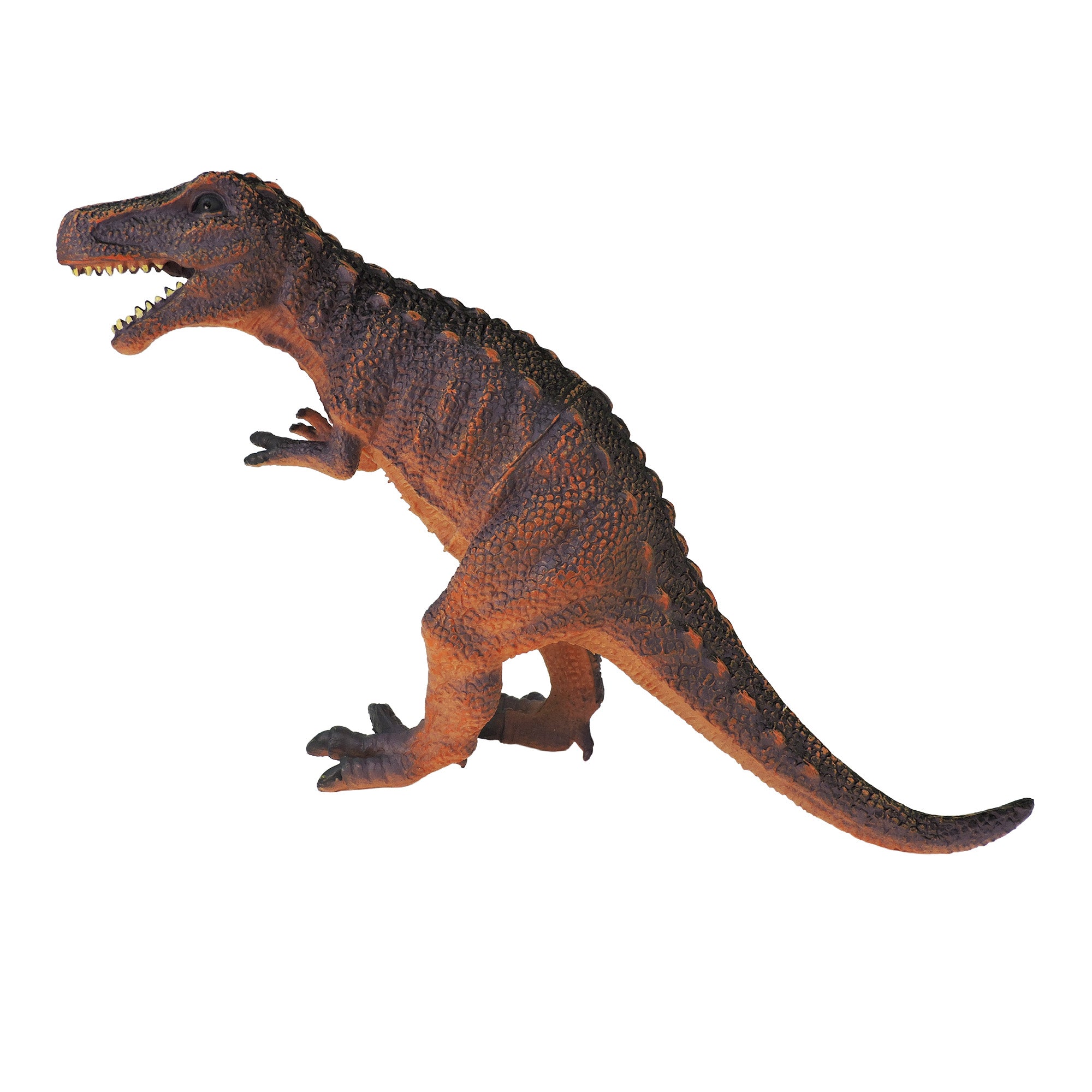 The Toysmith Large Dinosaur Figure by Toysmith is a plastic Tyrannosaurus rex, colored dark brown and orange, standing upright with its mouth open and short arms raised.