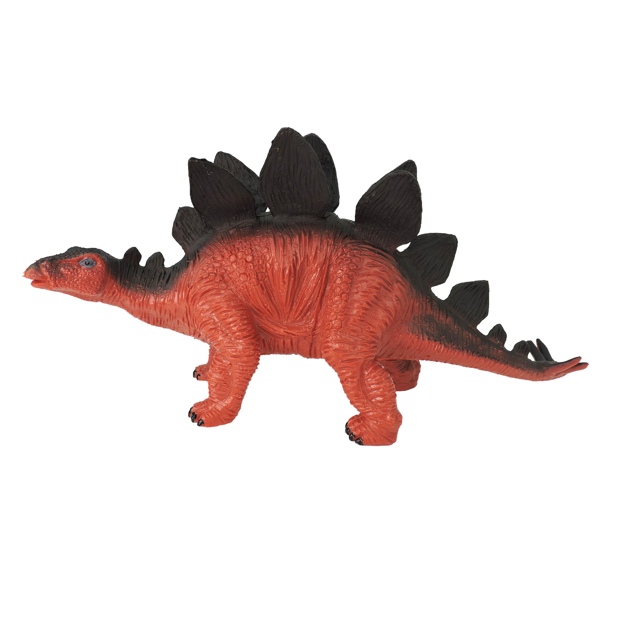 The Toysmith Large Dinosaur Figure by Toysmith is a red and black plastic Stegosaurus with black plates on its back, standing on four legs and facing left.