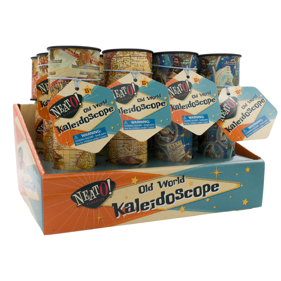 A colorful display box holds several Neato! Old World Kaleidoscope toys by Neato!, each with vintage-inspired designs and labels, and features bold branding and eye-catching graphics.