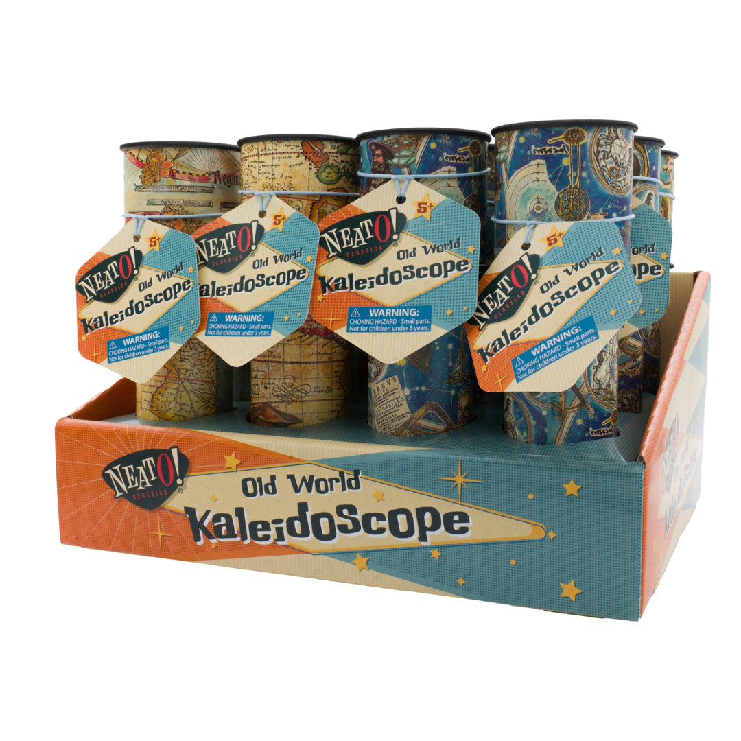 A Neato! display box labeled "Old World Kaleidoscope" holds several Neato! Old World Kaleidoscopes featuring vintage-inspired map and celestial designs, each with a hexagonal NEATO! tag.