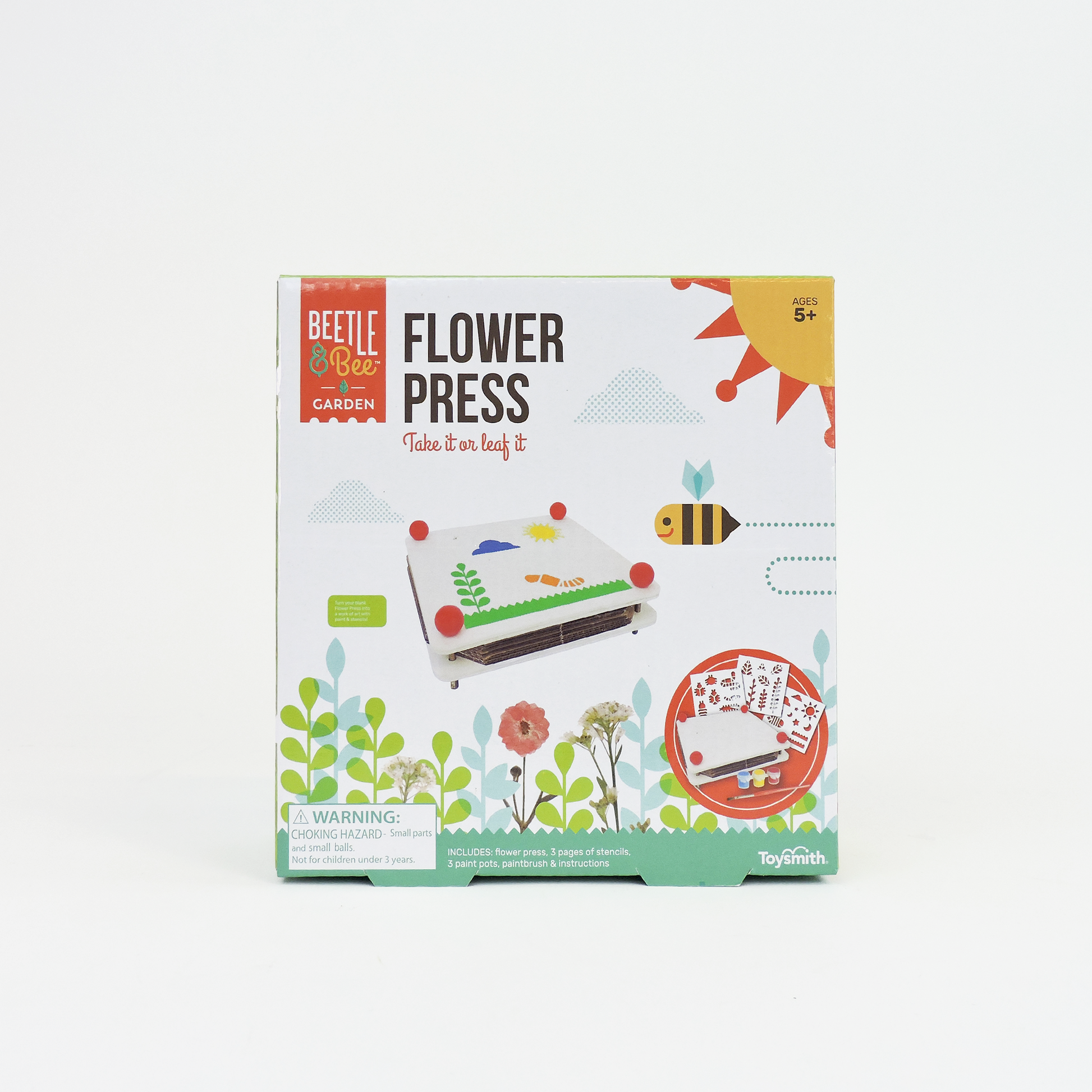 The Beetle & Bee Garden Paint a Flower Press kit features playful floral illustrations and teaches kids ages 5+ to preserve blooms and make pressed flower crafts.