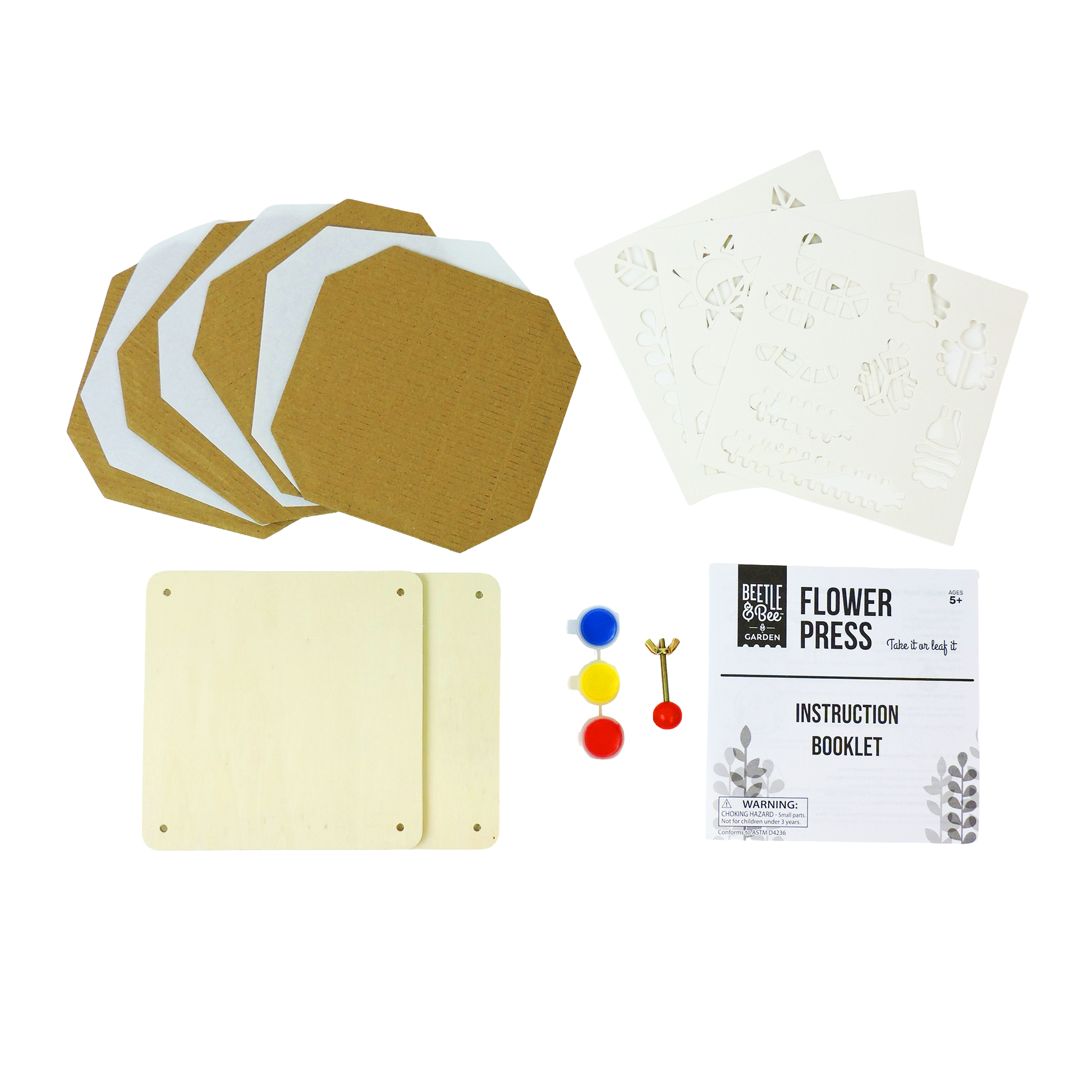 The Beetle & Bee Garden Paint a Flower Press kit for kids includes cardboard and blotting paper, two wooden boards, three paint pots, a brush, two stencils, screws, and instructions—everything needed to easily preserve flowers.