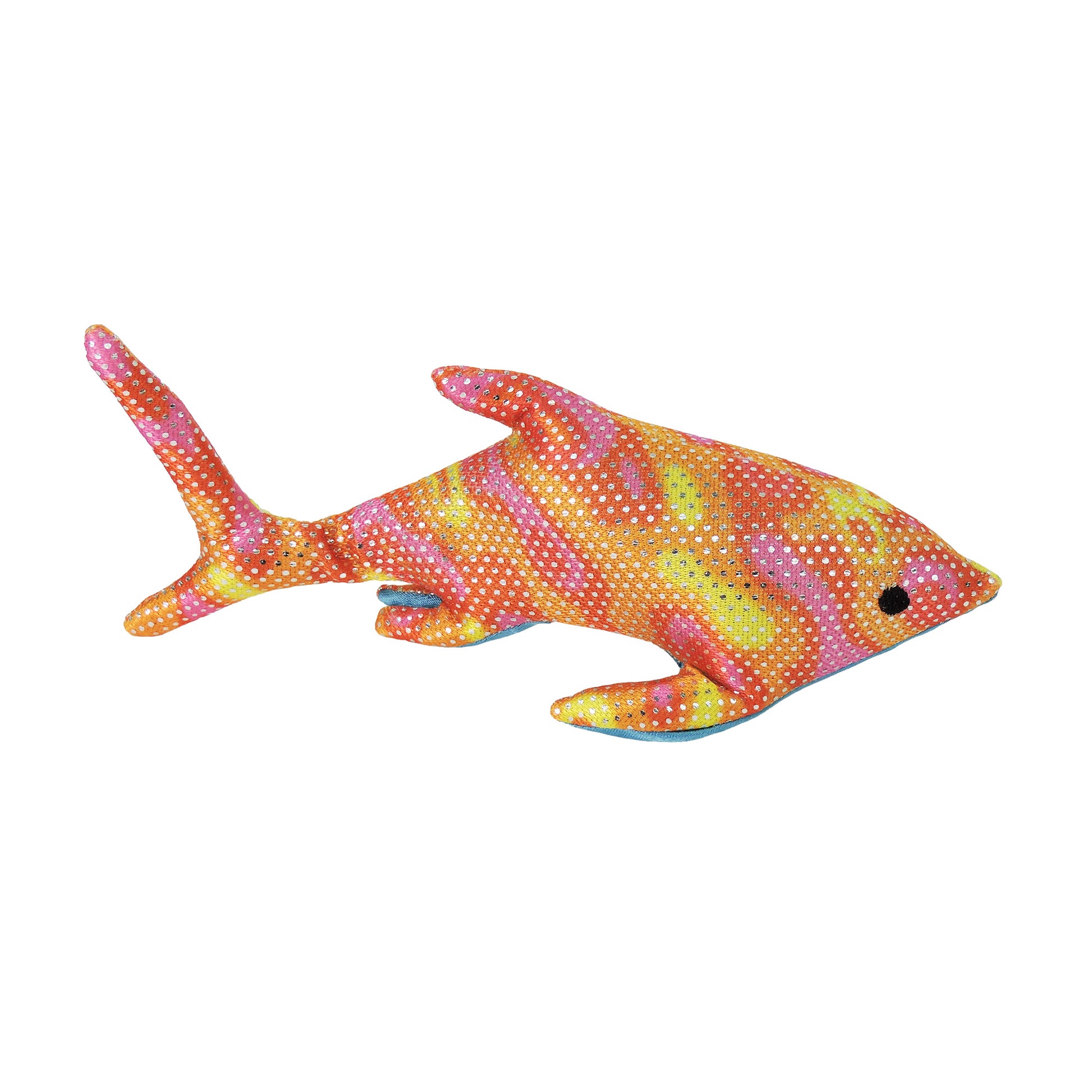 The Toysmith Sea Life Sand Animal by Toysmith is a plush shark toy featuring a vibrant tie-dye pattern in orange, yellow, and pink with small white dots and a black eye.