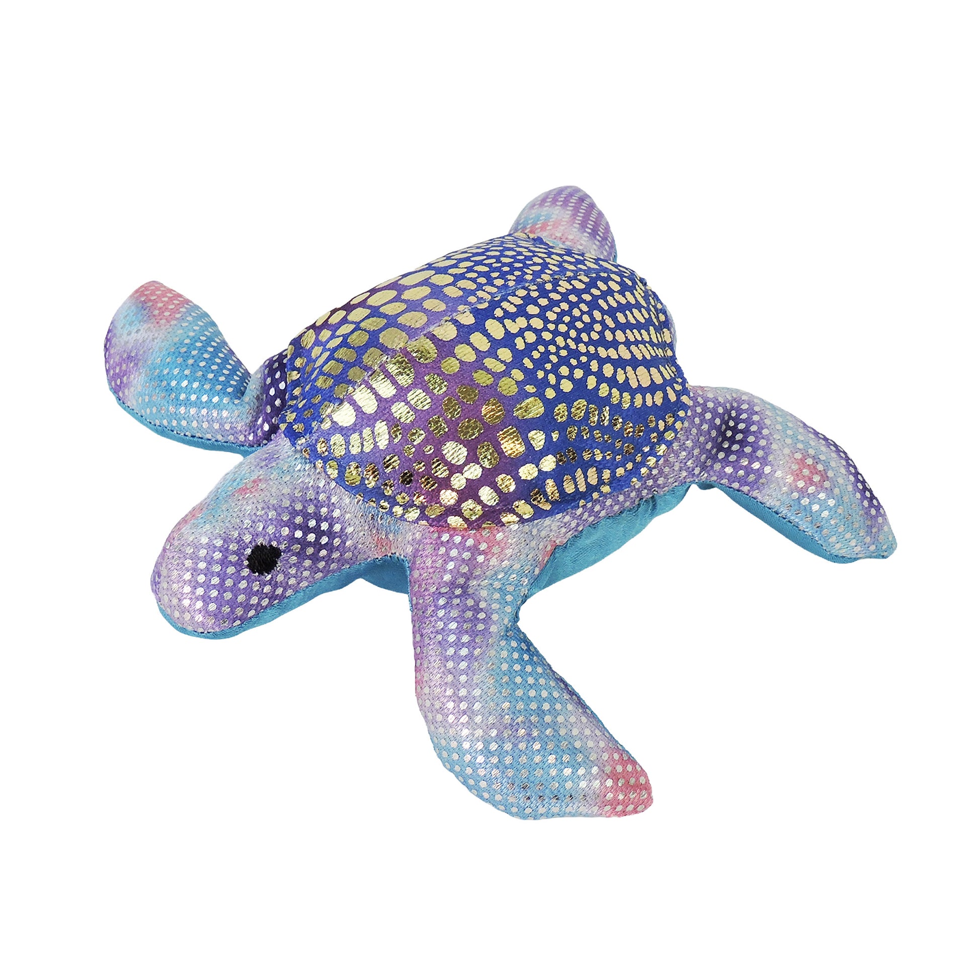 The Toysmith Sea Life Sand Animal by Toysmith is a plush sea turtle toy featuring blue, purple, and pink tie-dye colors with shiny gold hexagon patterns on its shell.