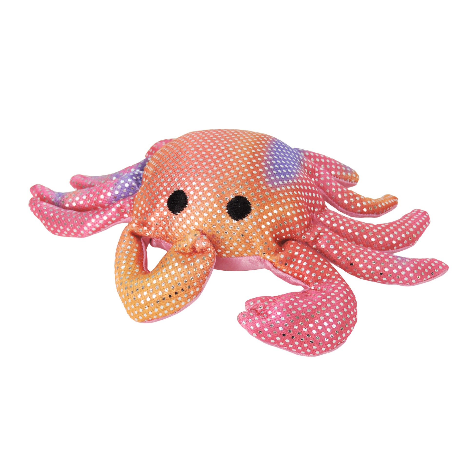 The Toysmith Sea Life Sand Animal by Toysmith is a plush crab with pink, orange, and purple colors, shiny white polka dots, and two black eyes.
