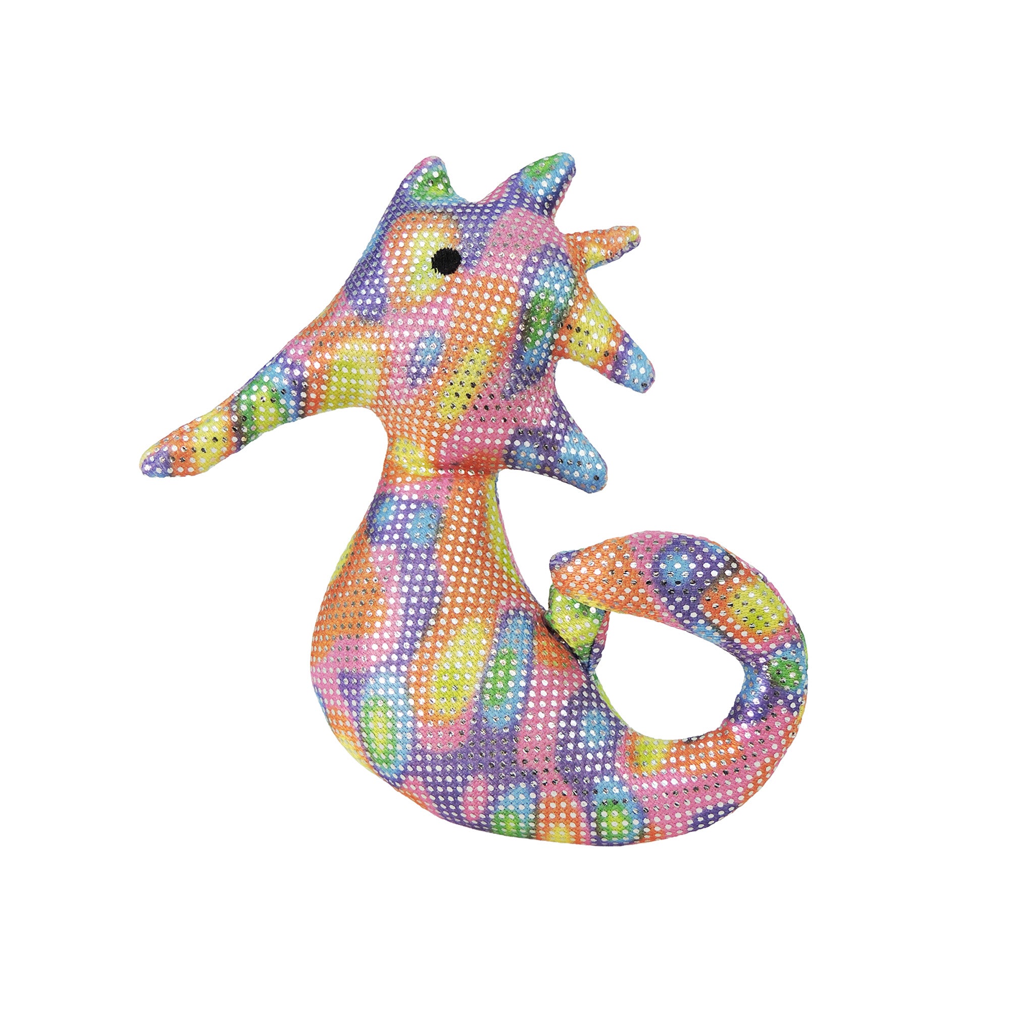 The Toysmith Sea Life Sand Animal by Toysmith is a colorful, fabric-stuffed seahorse toy with a rainbow pattern, curled tail, and single black eye on white background.